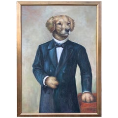 Anthropomorphic Golden Retriever Dog in Tuxedo, Acrylic on Canvas Painting