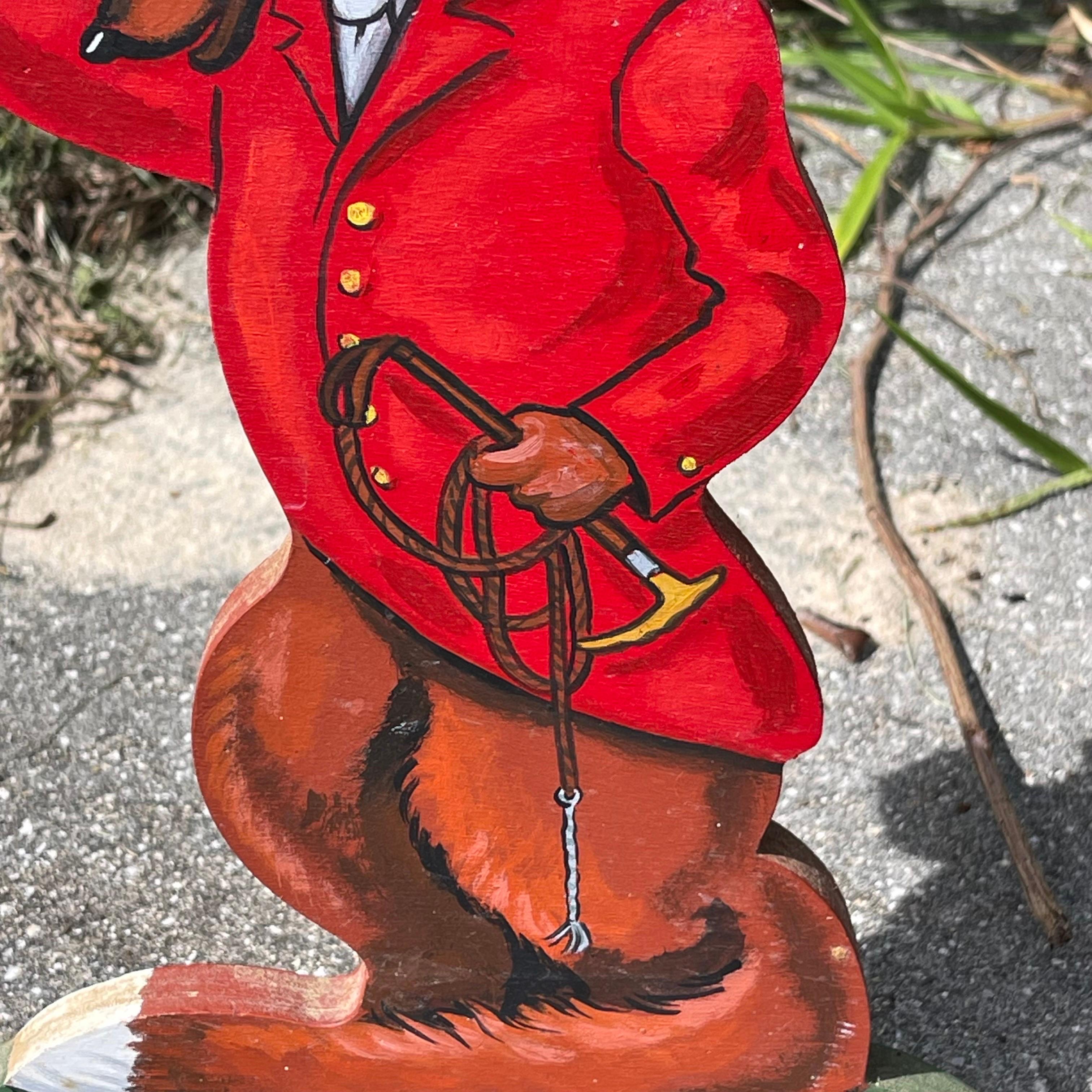 Whimsical, anthropomorphic fox in hunting attire. Hand painted on wood. Signed on reverse.