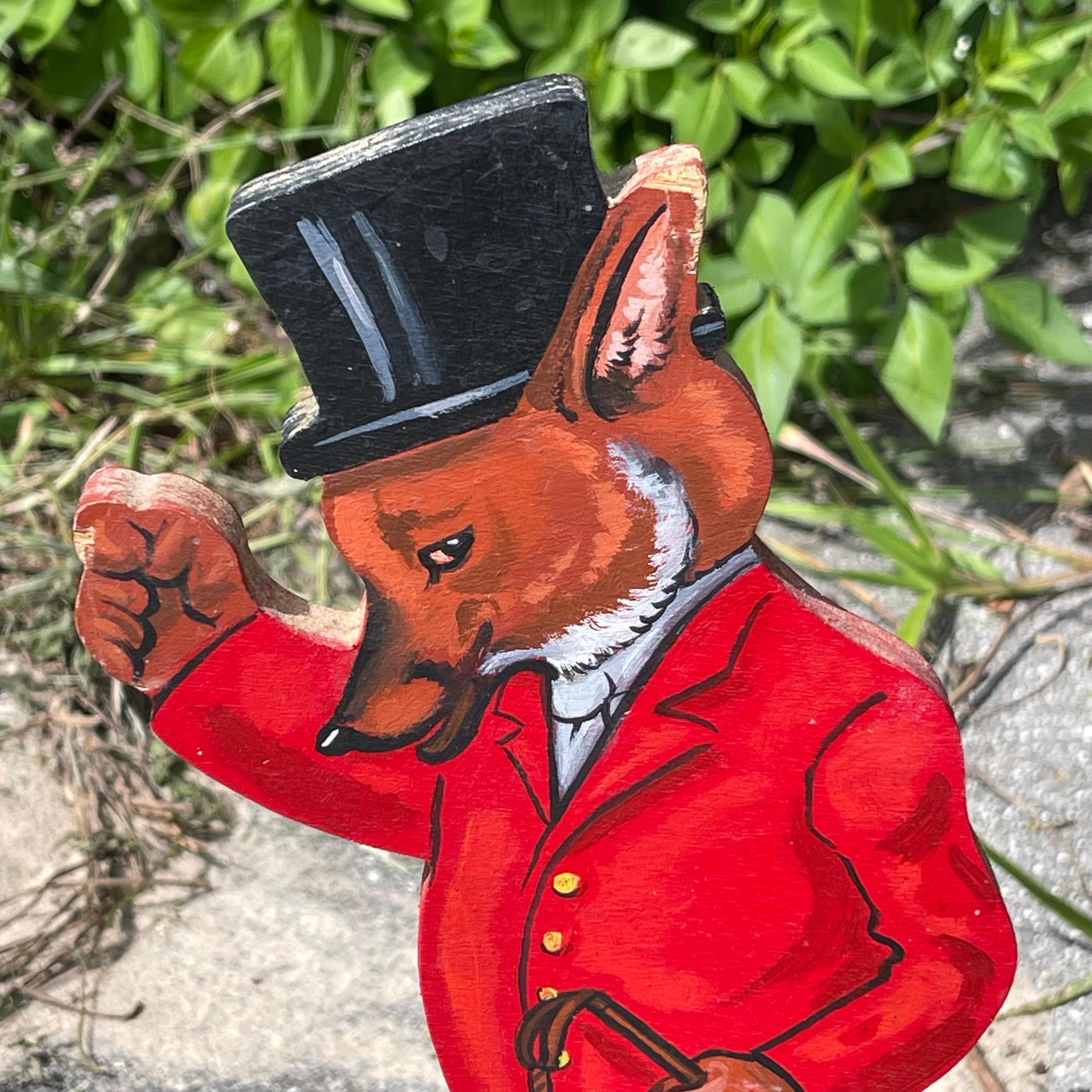 Anthropomorphic Hunting Attired Fox, Hand Painted Folk Art Door Stop Sculpture In Good Condition For Sale In Jensen Beach, FL