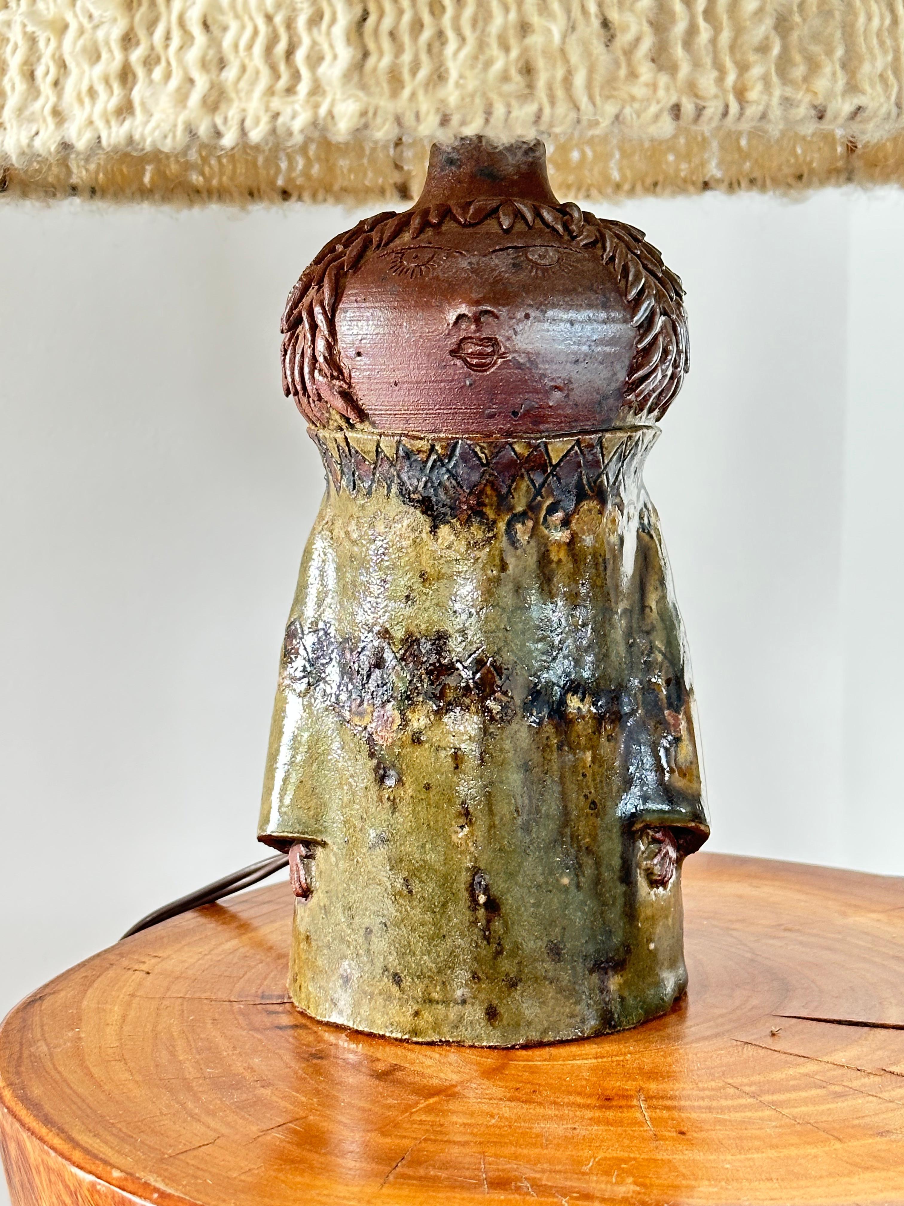 Hand-Carved Anthropomorphic table lamp, enameled stoneware from the La Borne workshops 1950s For Sale