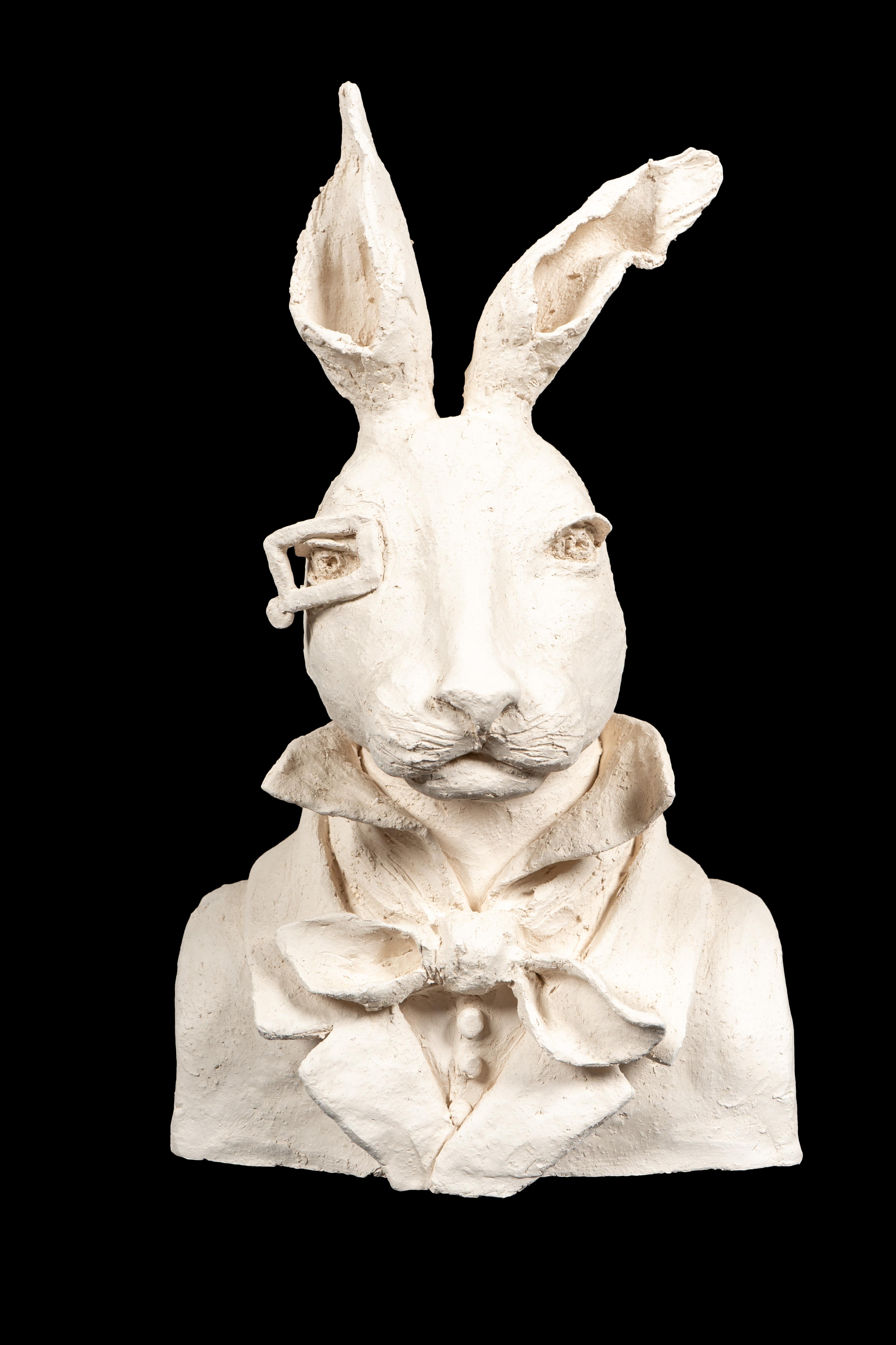 Anthropomorphic Terracotta Bust of Rabbit wearing a Monocle. A charming one-of-a-kind sculpture made in France. 16