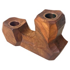 Portacandela antroposofico in noce con inserti in rame, 1940 circa