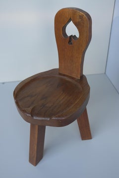 Anthroposophical Solid Oak Carved Tripod Folk Art side Chair, Switzerland 1950's