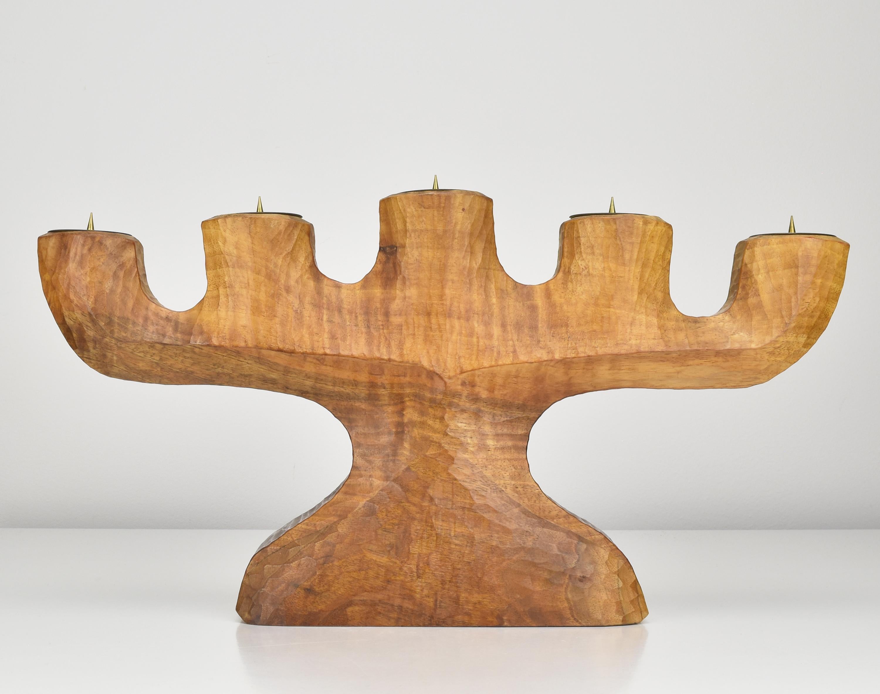 Mid-Century Modern Anthroposophical Rudolf Steiner School Large Candelabra Carved Walnut Wood 1940s