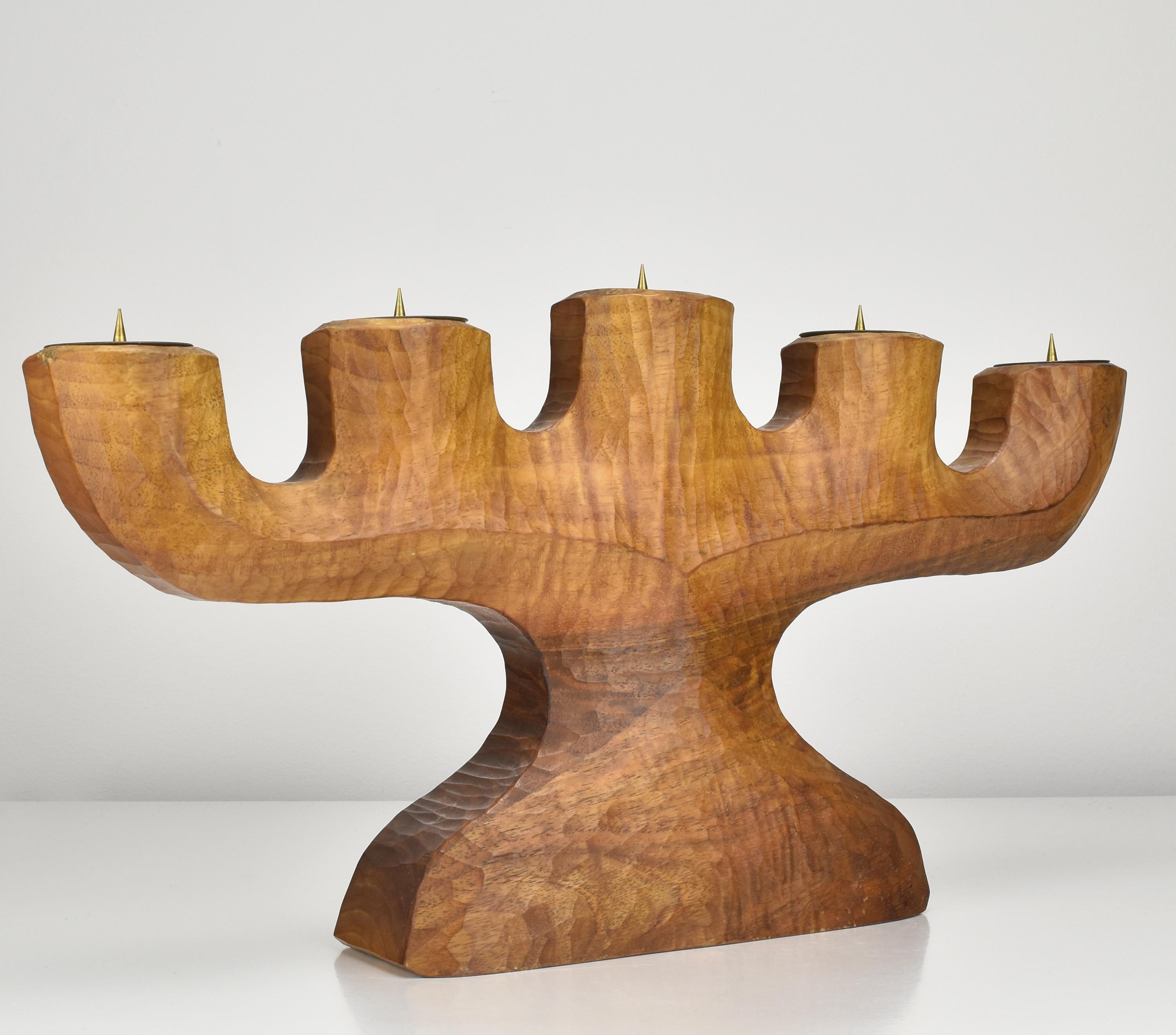 Mid-20th Century Anthroposophical Rudolf Steiner School Large Candelabra Carved Walnut Wood 1940s