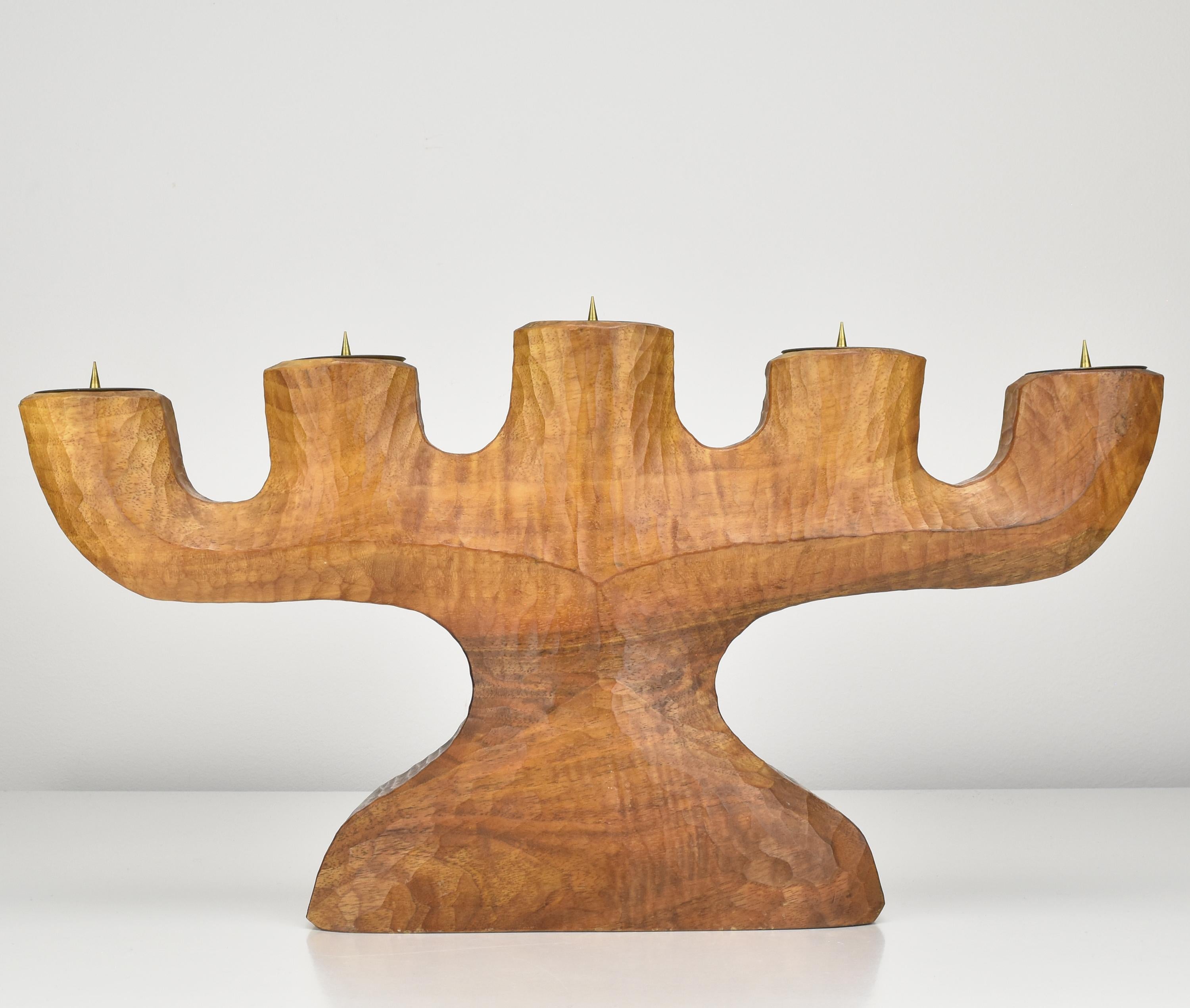Brass Anthroposophical Rudolf Steiner School Large Candelabra Carved Walnut Wood 1940s