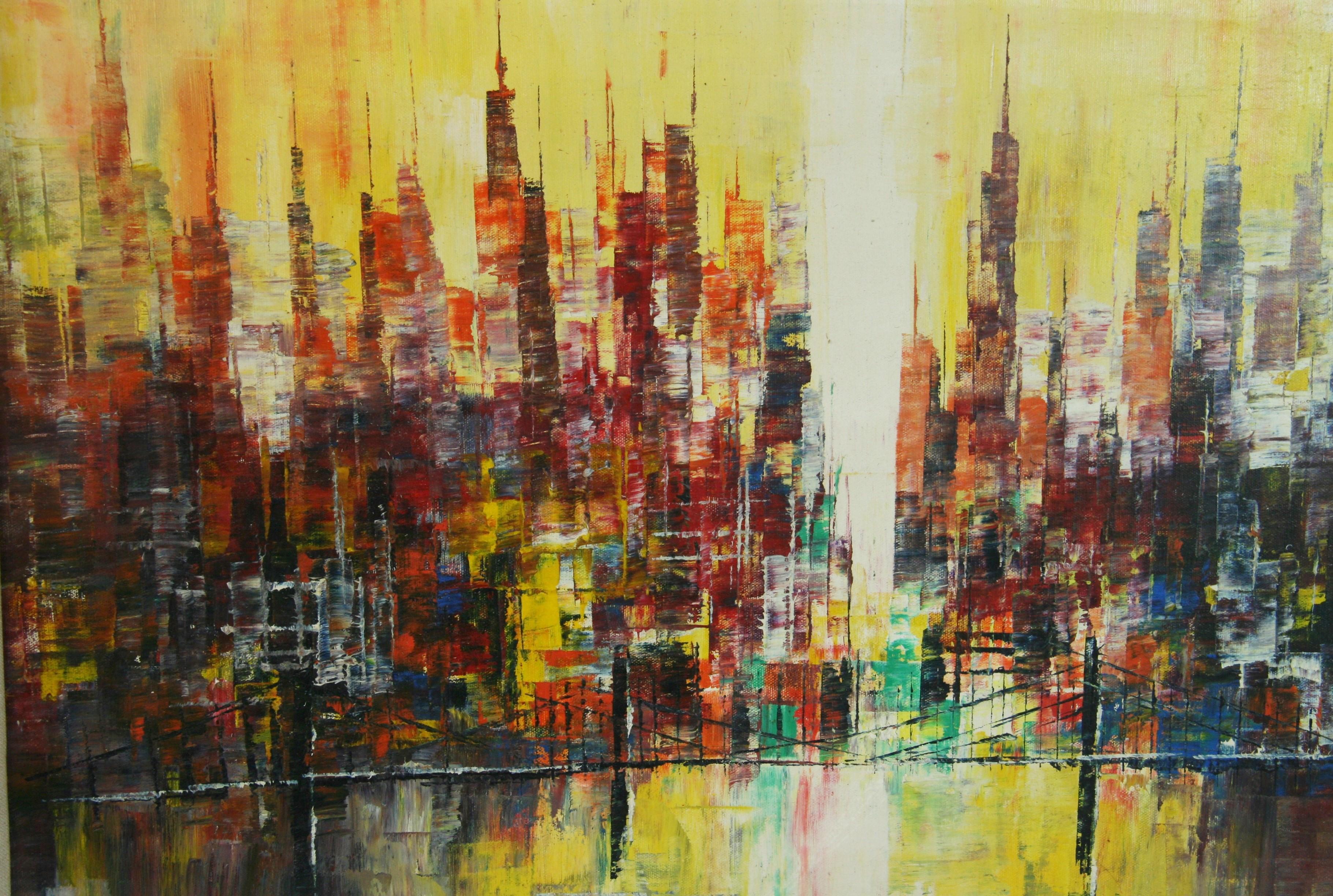 Antique Oversized  Cubic Skyline Oil Painting by Boruszak In Good Condition For Sale In Douglas Manor, NY
