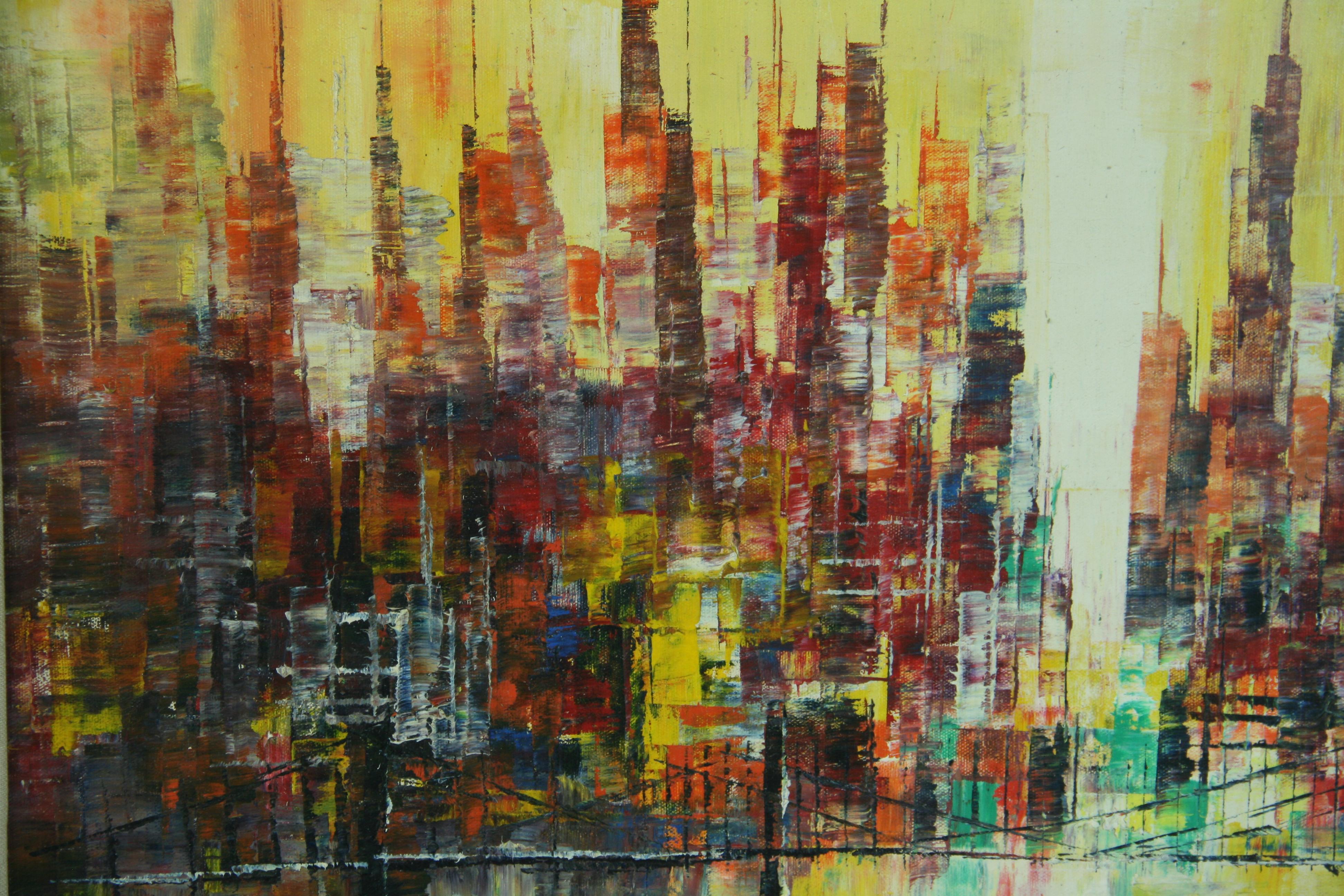 Mid-20th Century Antique Oversized  Cubic Skyline Oil Painting by Boruszak For Sale