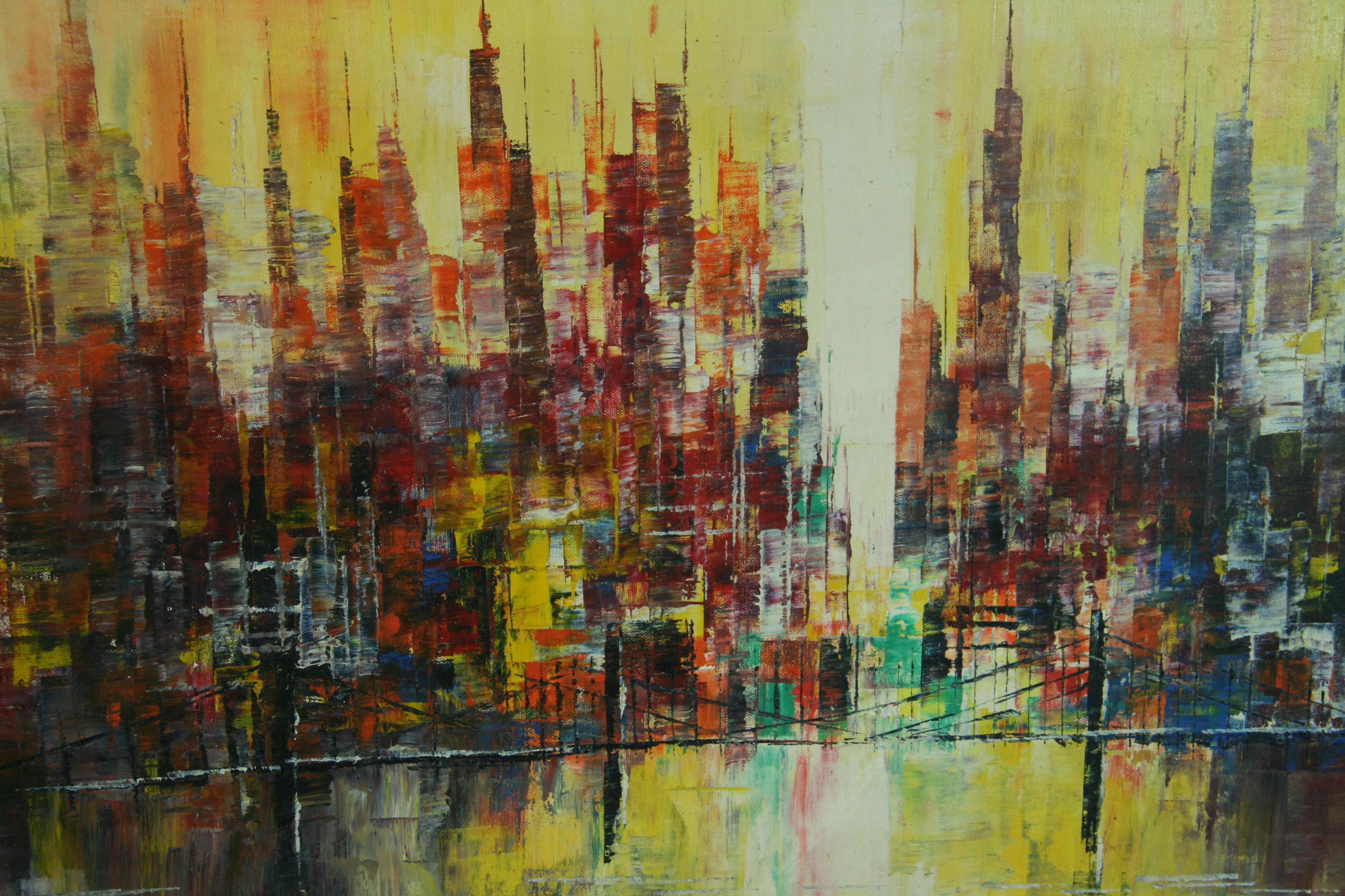 Antique Oversized  Cubic Skyline Oil Painting by Boruszak For Sale 3