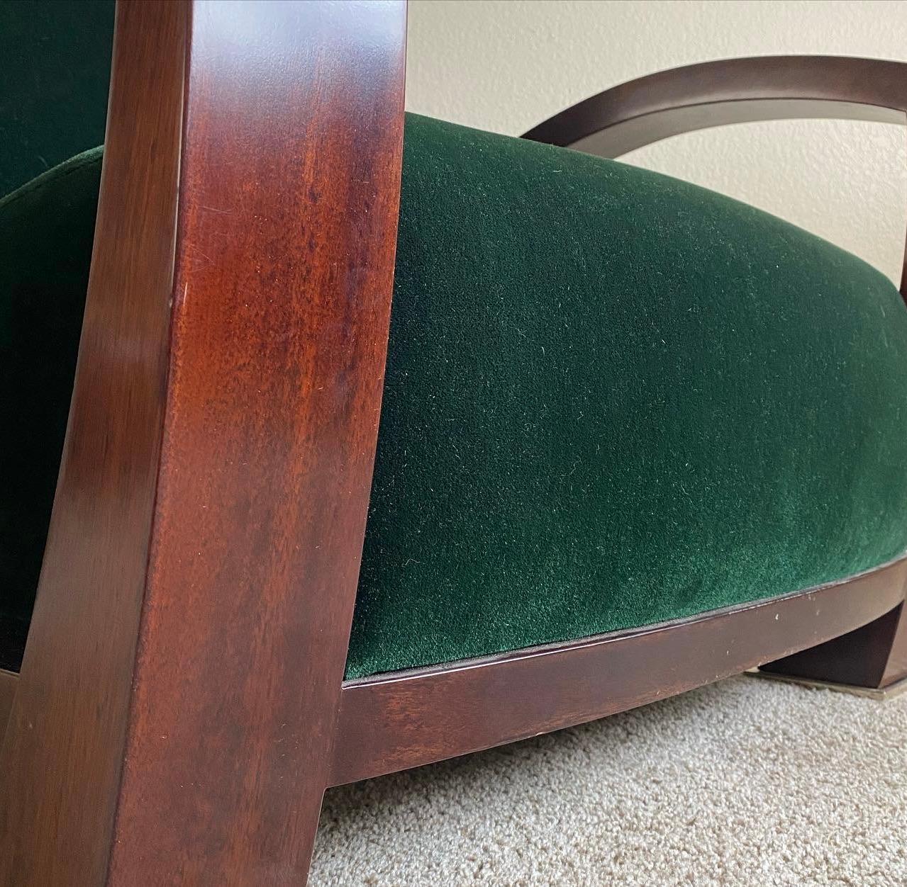 Art Deco “Antibes” Mahogany Lounge Chair (A. Soudavar for Mirak) in Forest Green Mohair For Sale