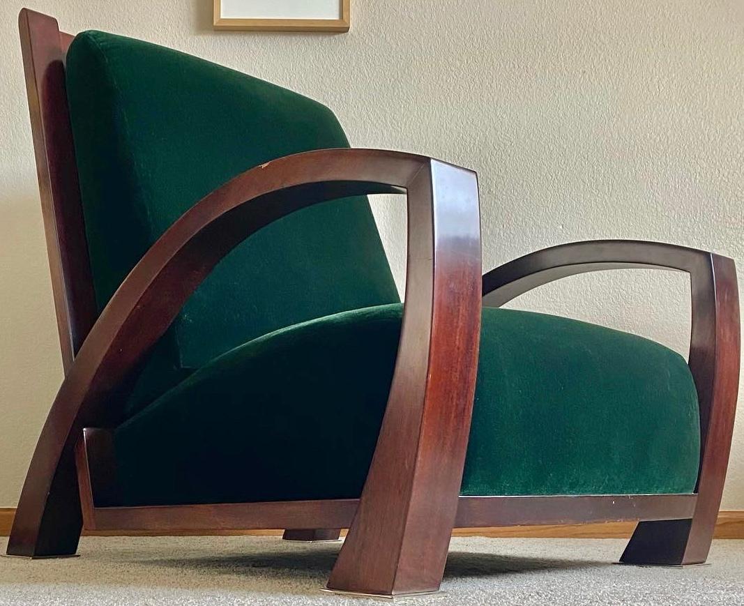 American “Antibes” Mahogany Lounge Chair (A. Soudavar for Mirak) in Forest Green Mohair For Sale