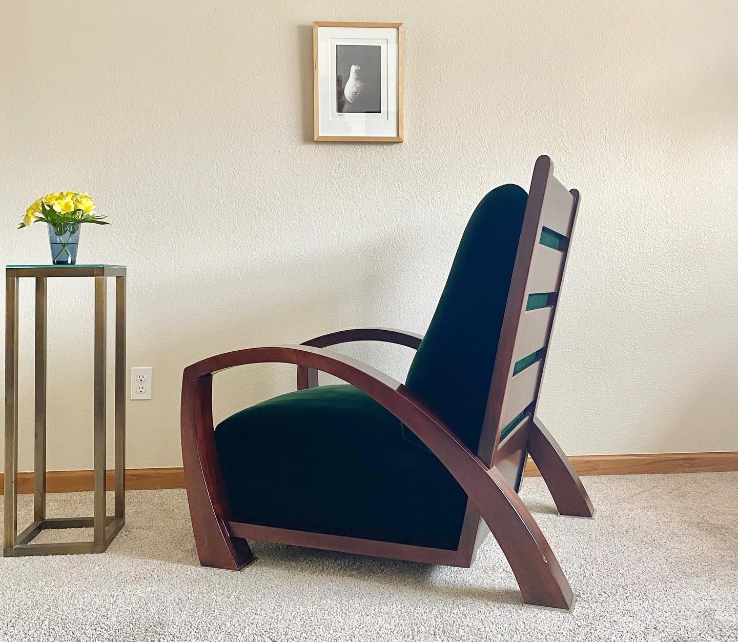 20th Century “Antibes” Mahogany Lounge Chair (A. Soudavar for Mirak) in Forest Green Mohair For Sale