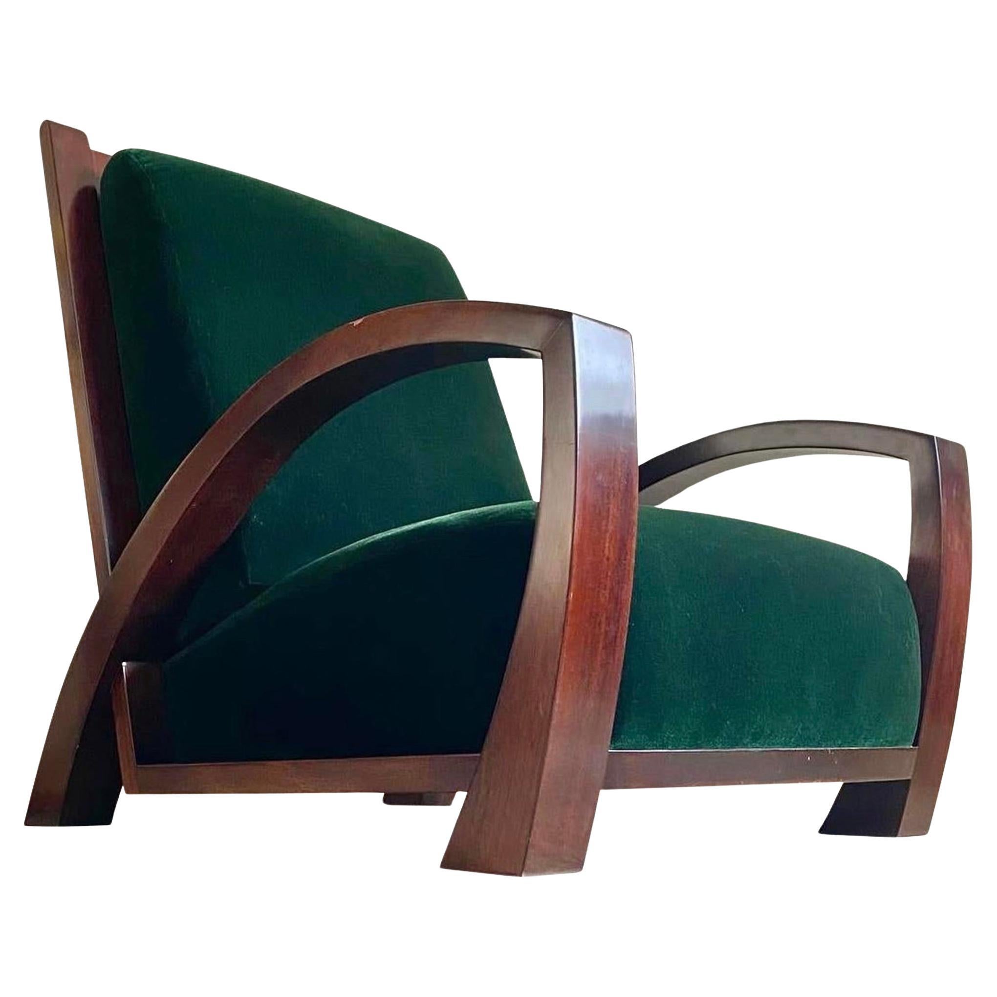 “Antibes” Mahogany Lounge Chair (A. Soudavar for Mirak) in Forest Green Mohair For Sale