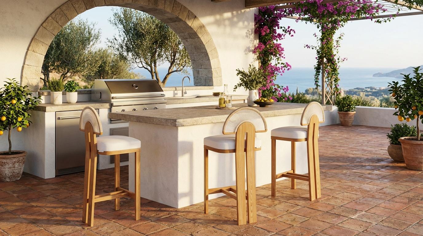 Organique Chaise de bar d'extérieur Antibes en Wood Wood Iroko avec dossier tissé Sunburst en vente