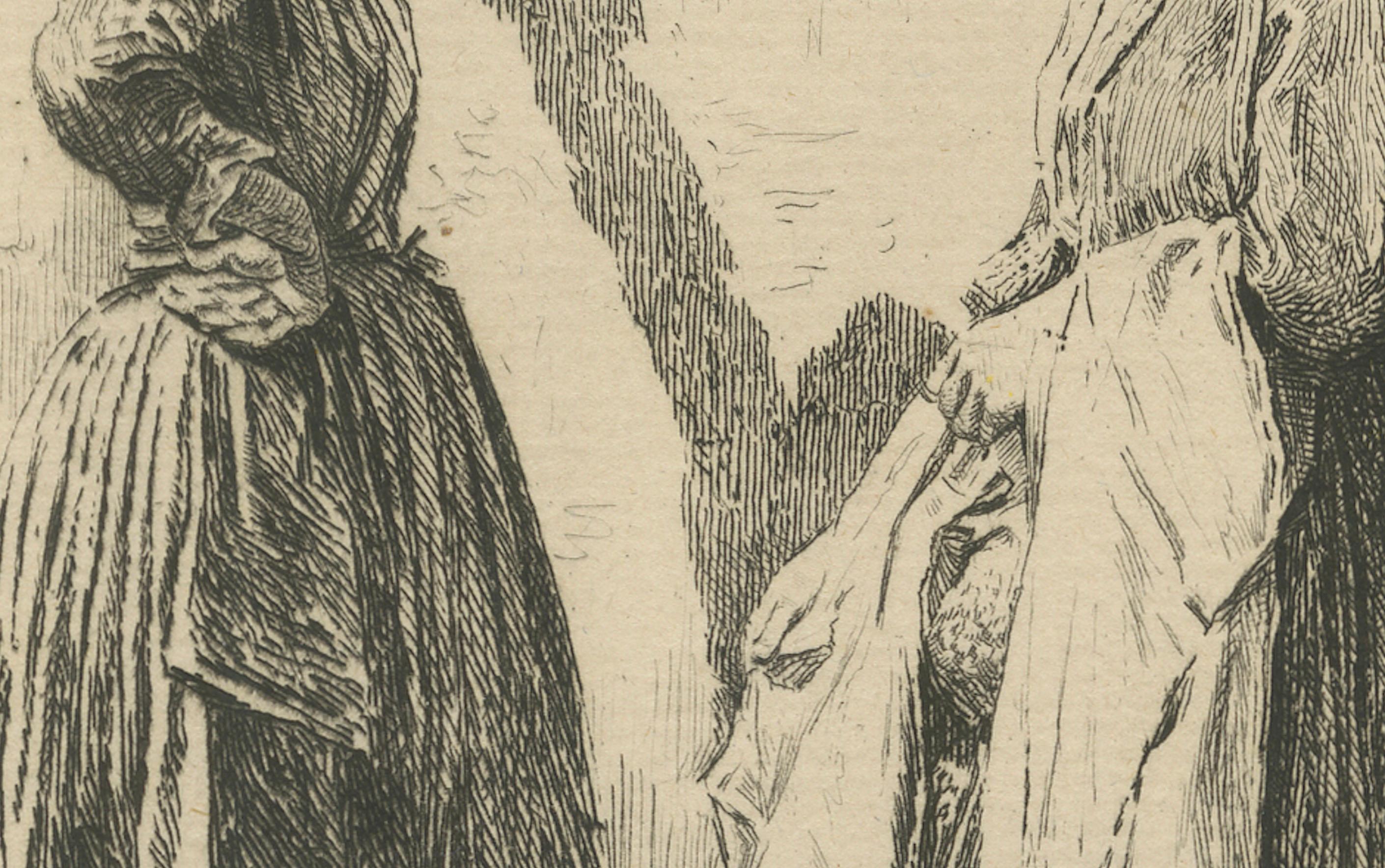 Antibes Washerwomen Etching – Adolphe Lalauze Depicting Rural Life, 1869 In Good Condition For Sale In Langweer, NL