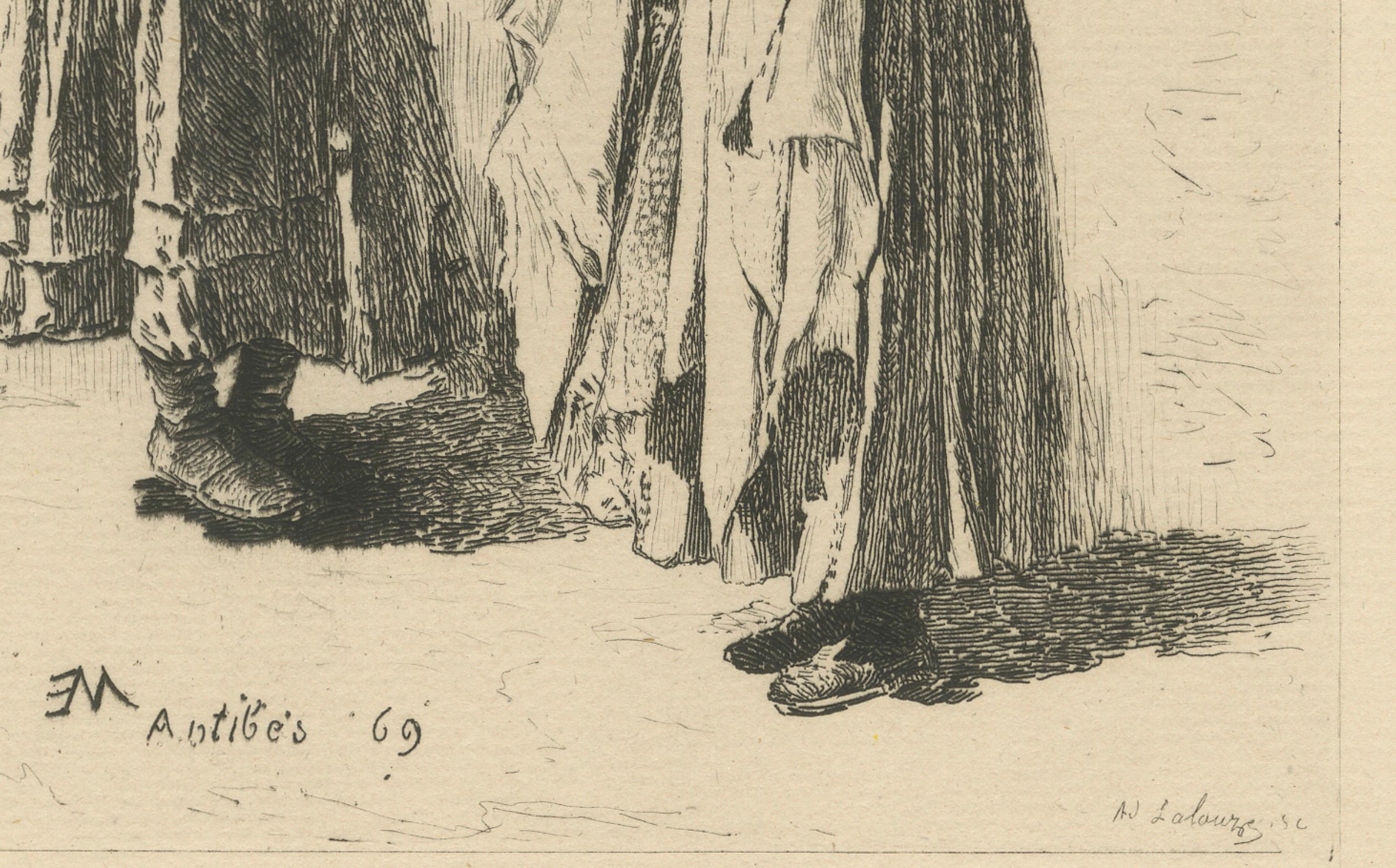 19th Century Antibes Washerwomen Etching – Adolphe Lalauze Depicting Rural Life, 1869 For Sale