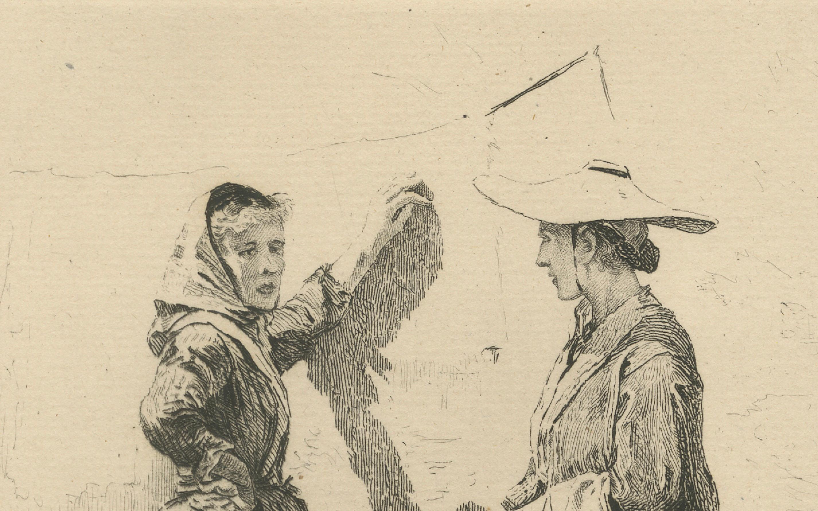 Paper Antibes Washerwomen Etching – Adolphe Lalauze Depicting Rural Life, 1869 For Sale
