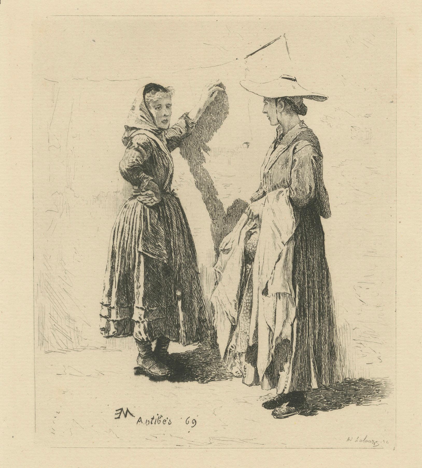 Antibes Washerwomen Etching – Adolphe Lalauze Depicting Rural Life, 1869 For Sale 1