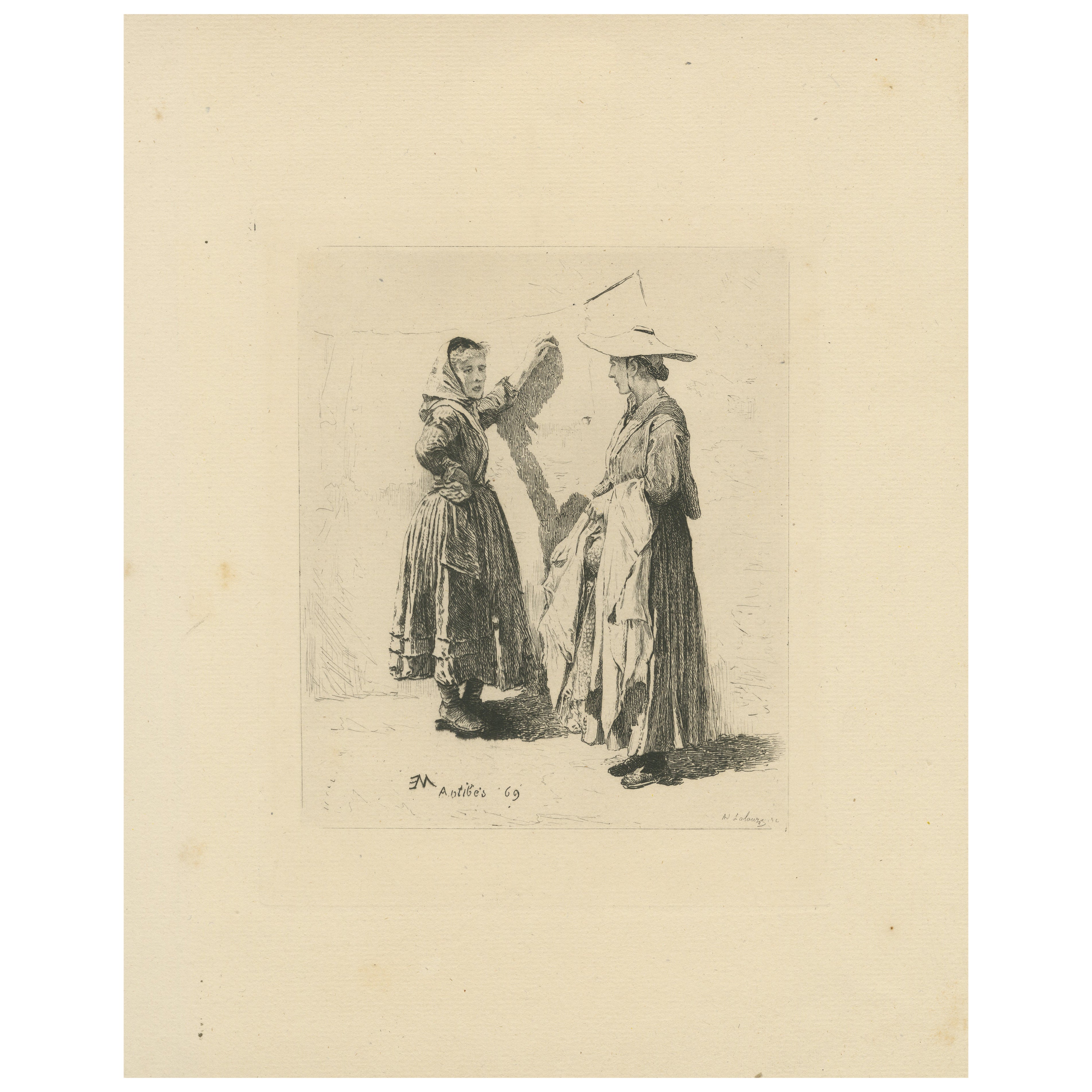 Antibes Washerwomen Etching – Adolphe Lalauze Depicting Rural Life, 1869 For Sale
