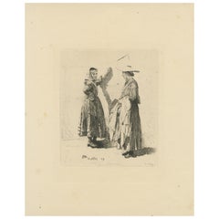 Antique Antibes Washerwomen Etching – Adolphe Lalauze Depicting Rural Life, 1869