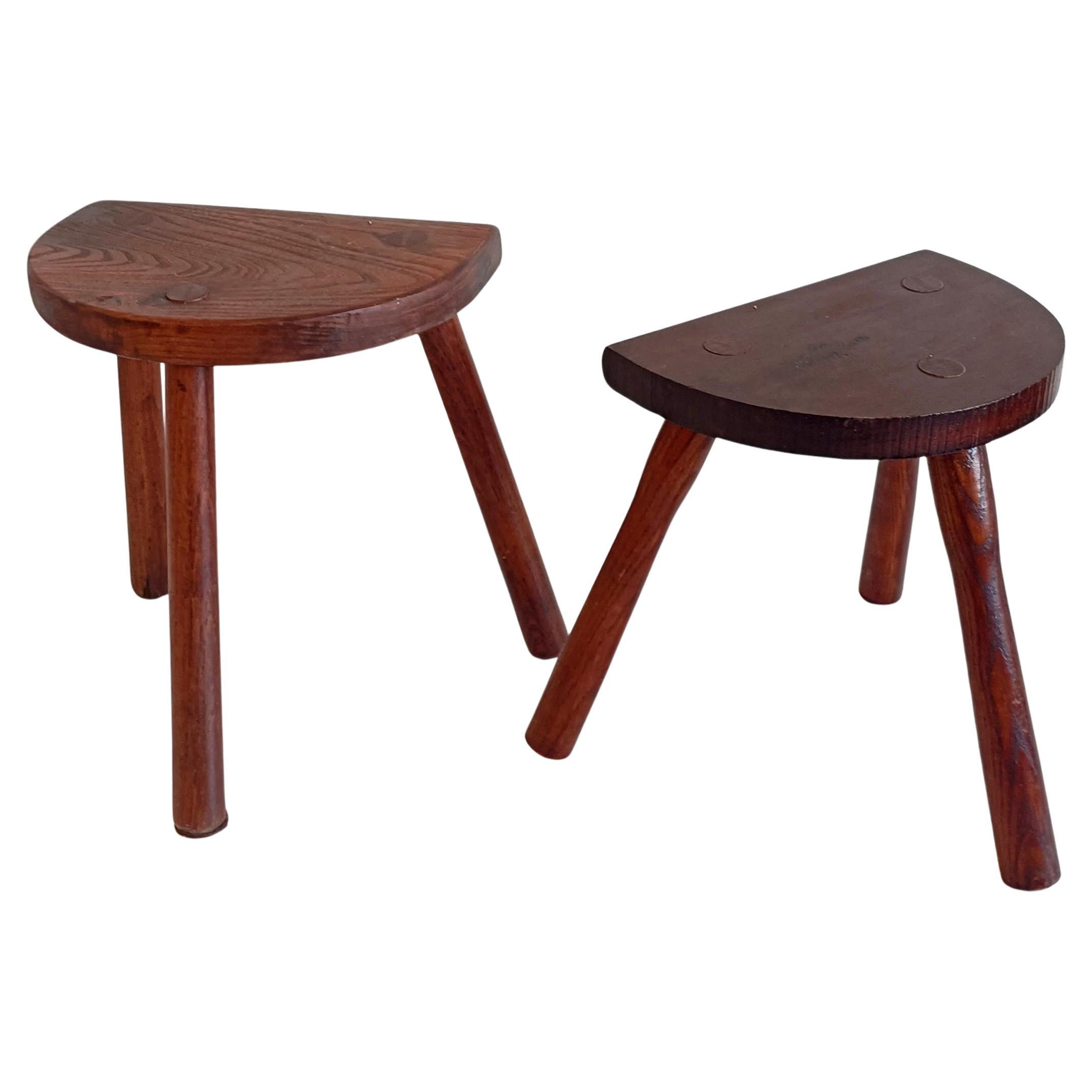 Antique French Wooden Tripod Stools, Elm, Rustic Early 20th Century