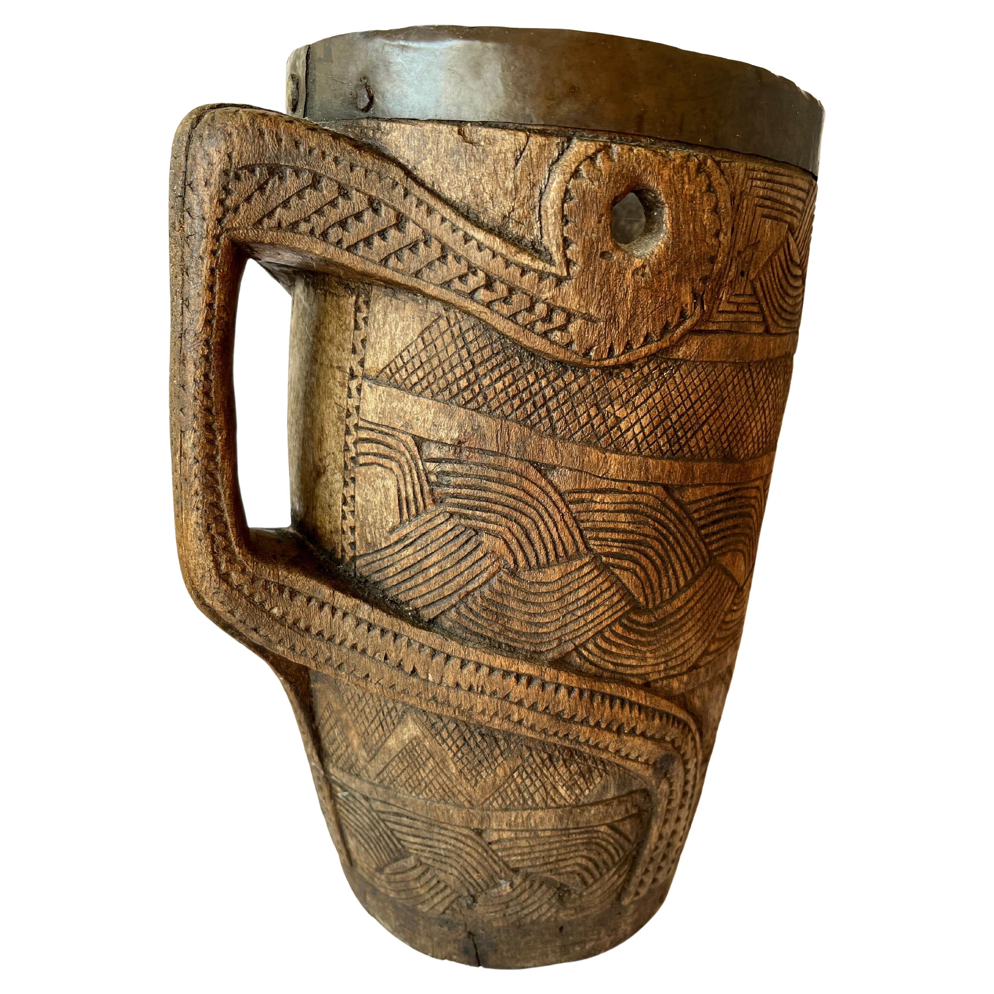 Antic Yak Milk Jar with Handle North Népal Santal Tribe Hand Crafted Hard Wood