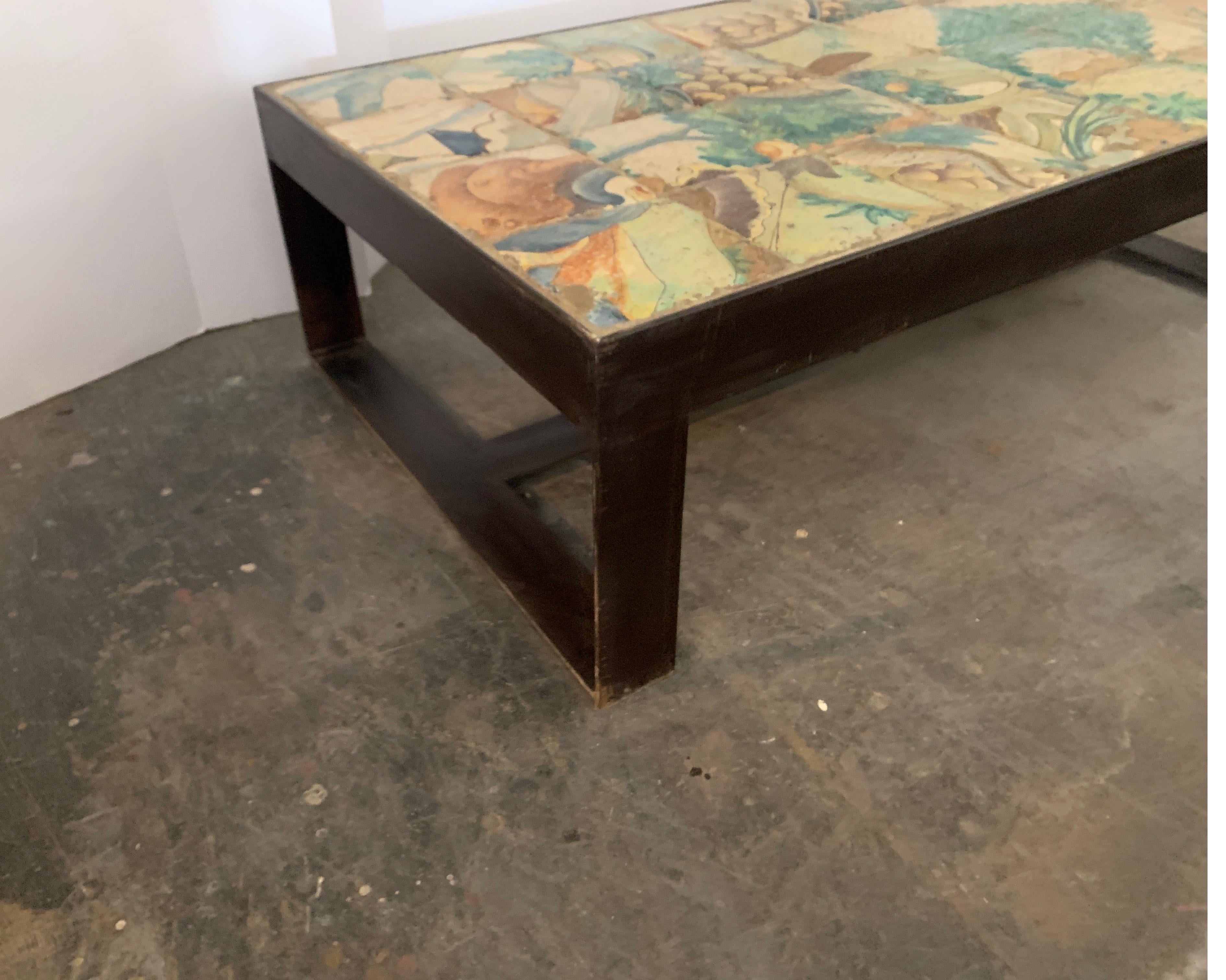Contemporary Antica Collection Creation Iron Table with 17th Century Portuguese Tiles Inset