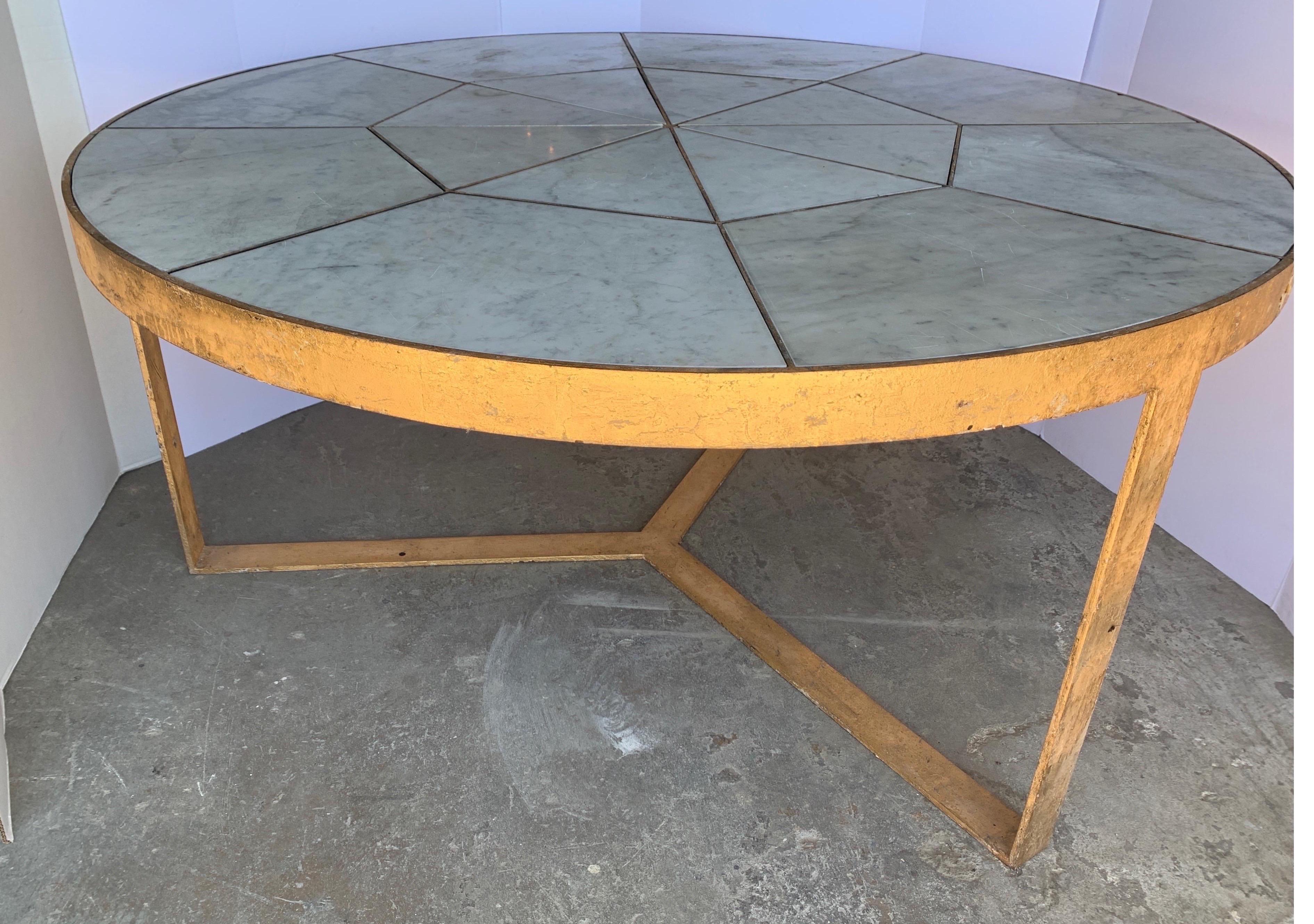 This is one our own fabricated tables that’s perfect for an entry table or dining table to seat 6 to 9 chairs depending on width of chairs. We put nine 18.5 wide chairs around this table. It’s very heavy as well. The inset antique marble has age and
