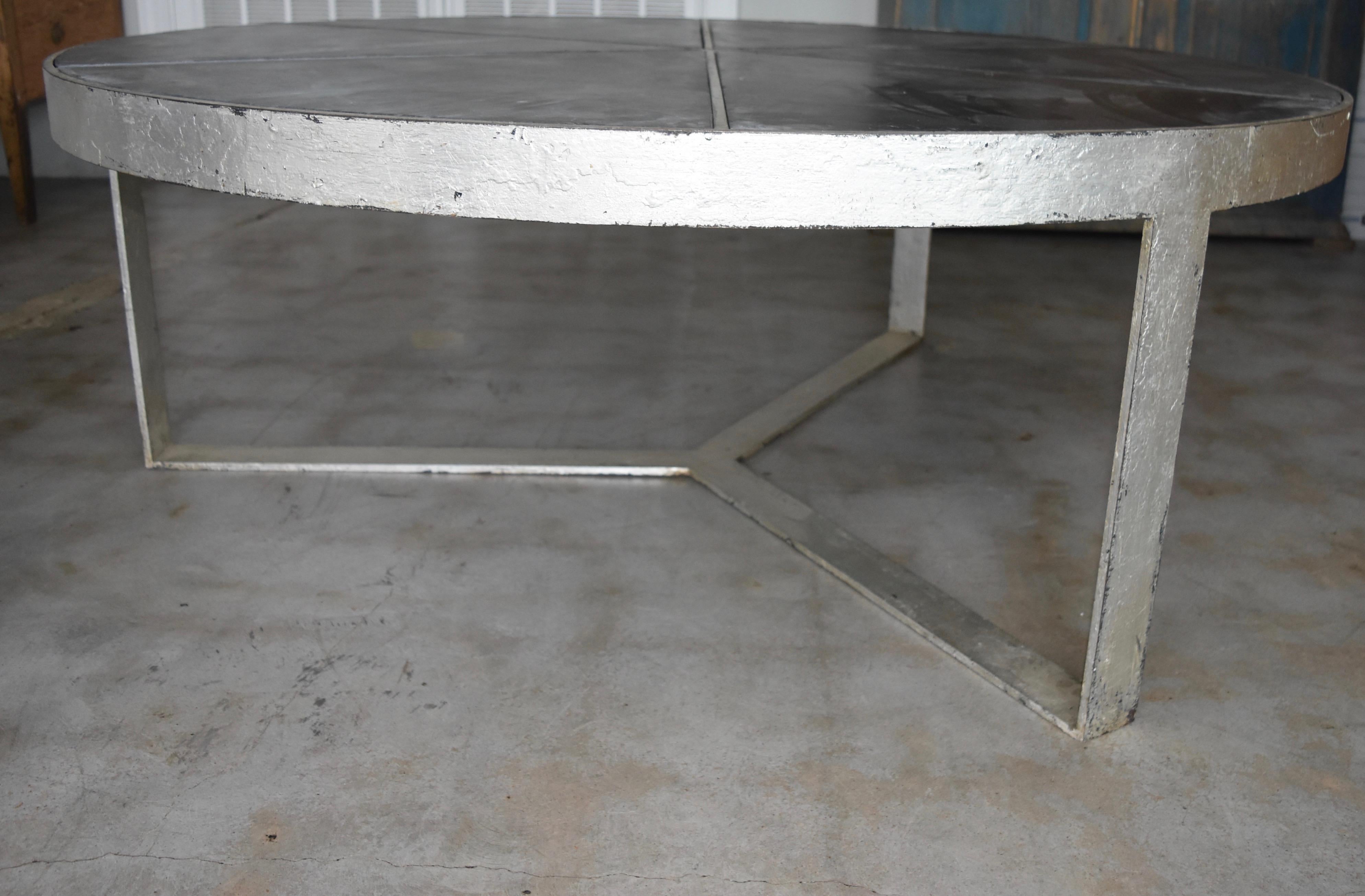 Antica Collection Fabricated Iron Table with Silver Leaf and Black Slate Inset In Good Condition In Houston, TX