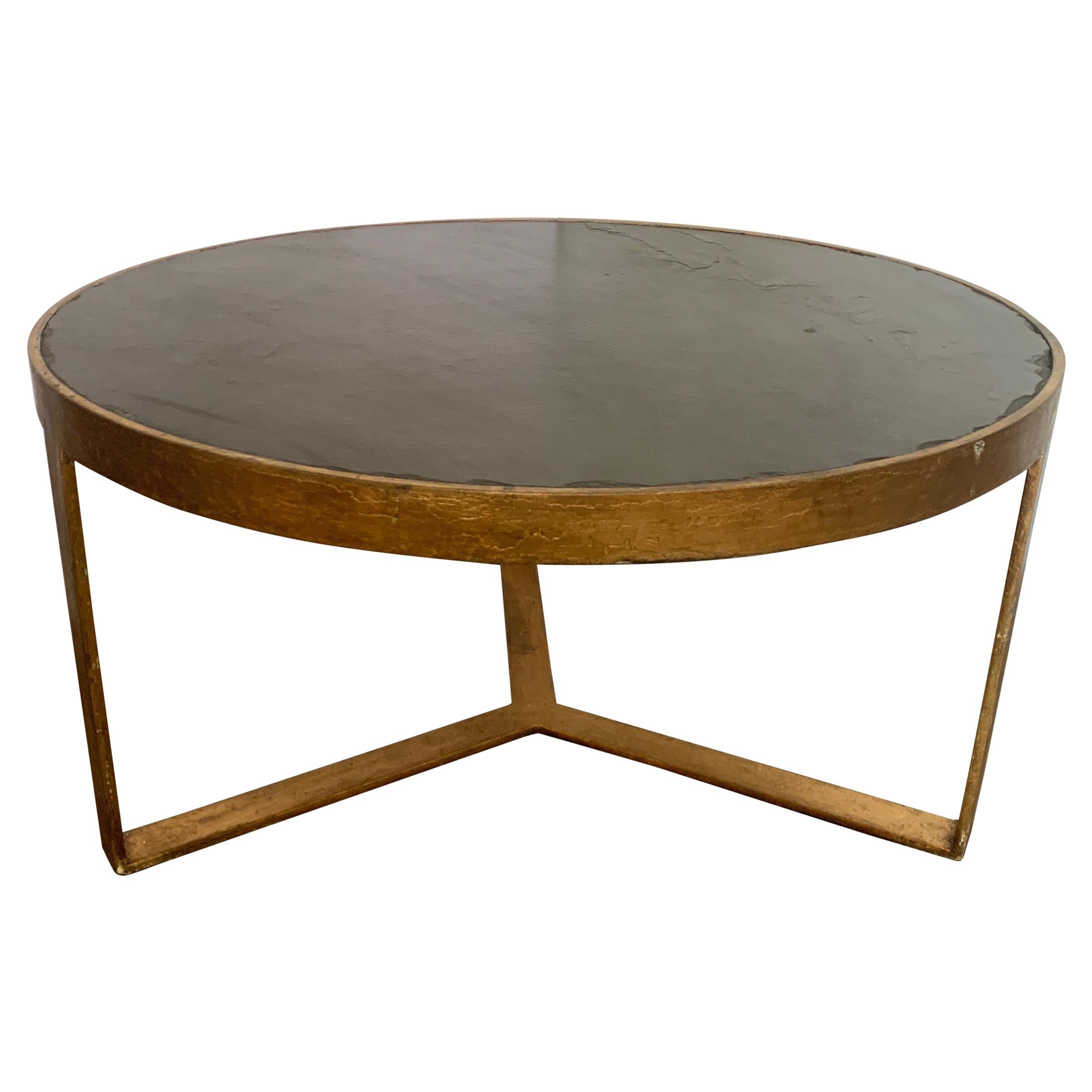 Antica Collection Fabricated Round Iron Table with Gold Finish & Black Slate Top