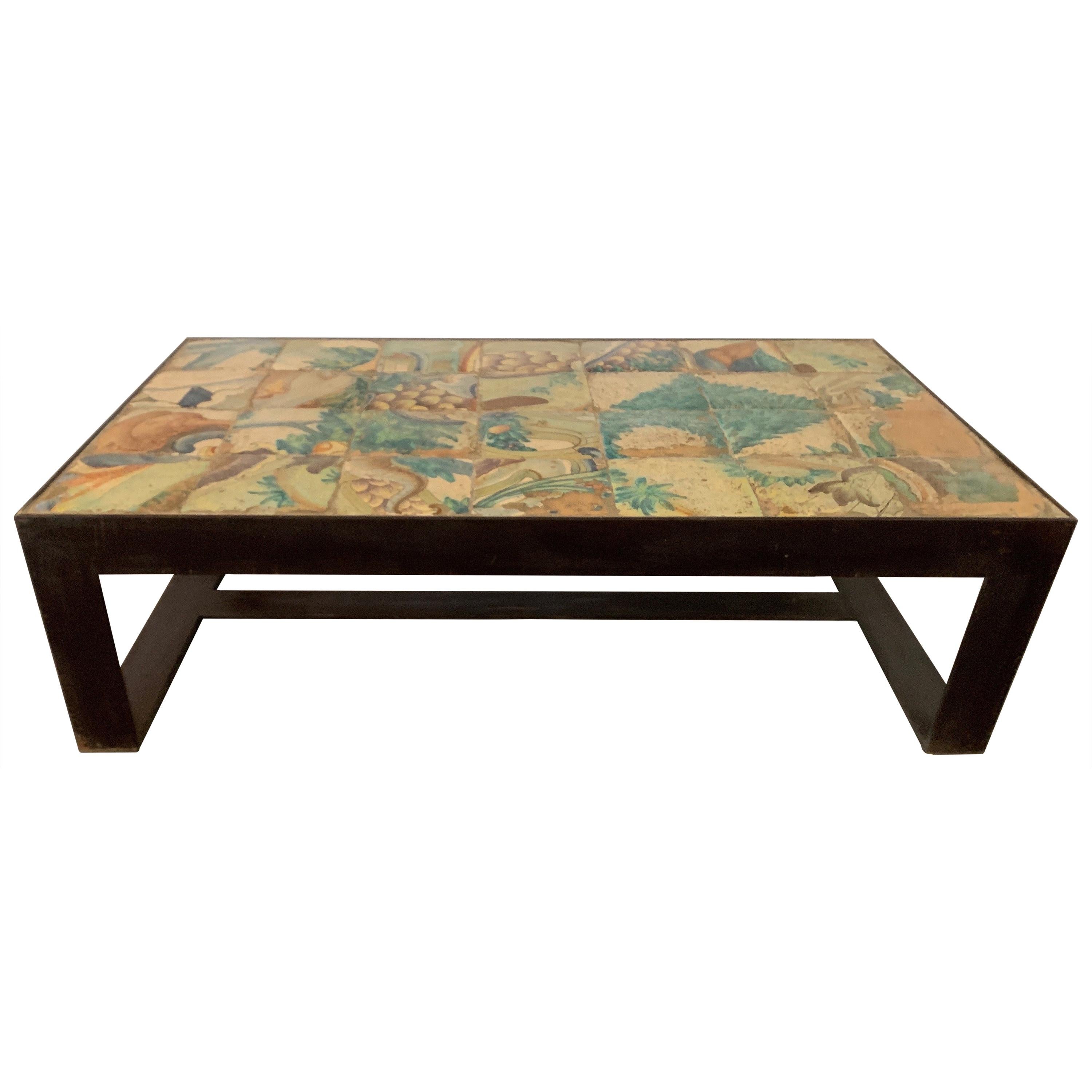 Antica Collection Fabrication Iron Table with 17th Century Portuguese Tiles
