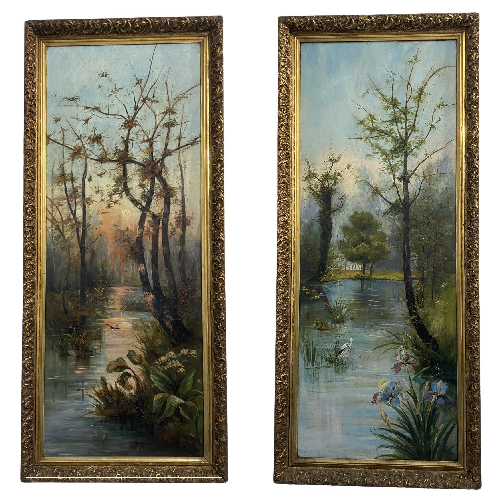 Antica coppia di dipinti a olio « Paesaggio »firmati,Allemagne, Jugendstil, 1901 en vente