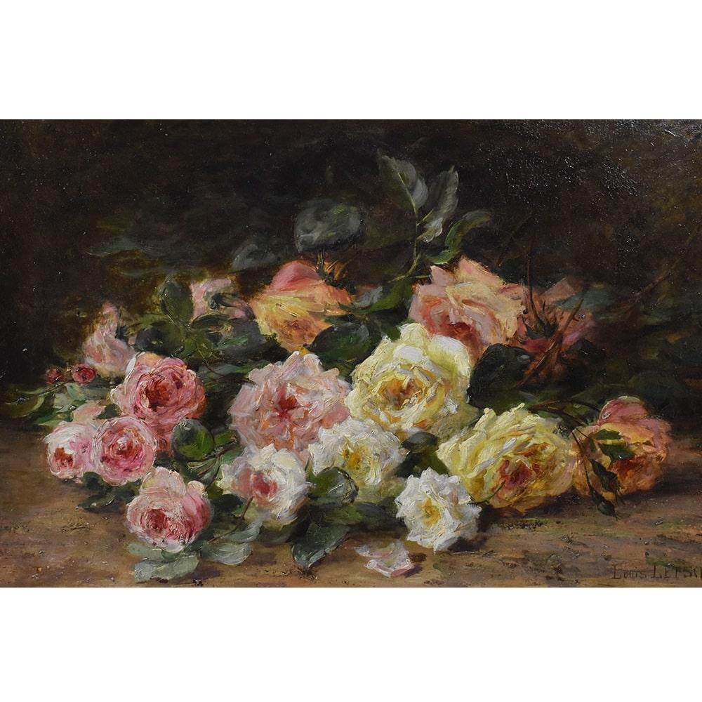 I quadri antichi Natura Morta con Fiori di Rosa qui proposto è una pittura ad olio su tela dell 800 

e veste con una bella cornice dorata in foglia di oro zecchino di epoca Ottocento. XIX secolo.

Si tratta di fiori di Rose Recise, Jeté De