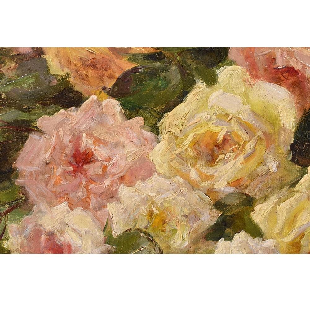 Napoleone III Antica Natura Morta, Fiori Di Rosa, Dipinto Antico, Olio Su Tela, Ottocento.