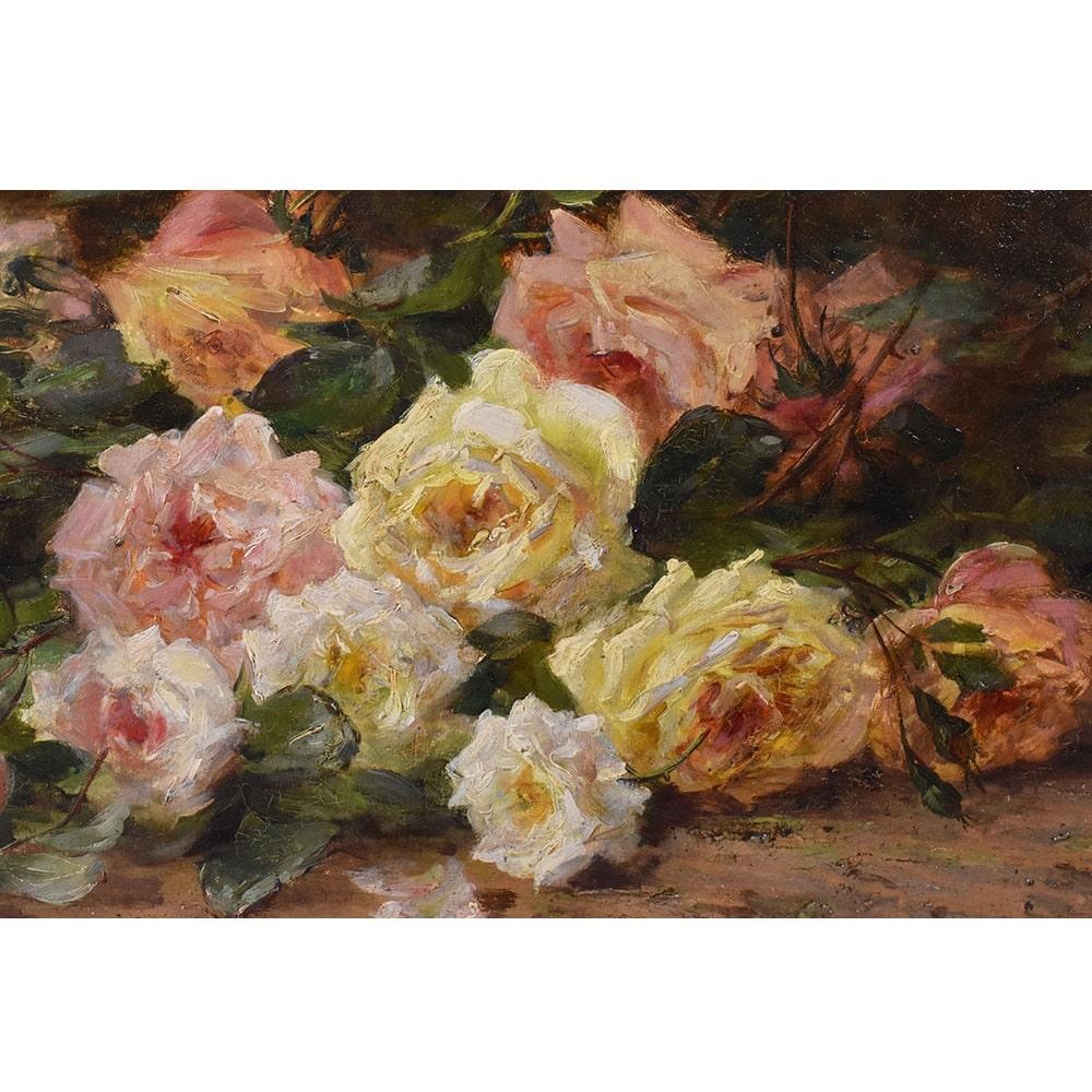 Austriaco Antica Natura Morta, Fiori Di Rosa, Dipinto Antico, Olio Su Tela, Ottocento.
