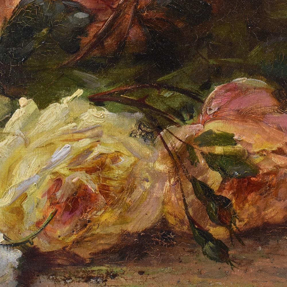 A olio Antica Natura Morta, Fiori Di Rosa, Dipinto Antico, Olio Su Tela, Ottocento.