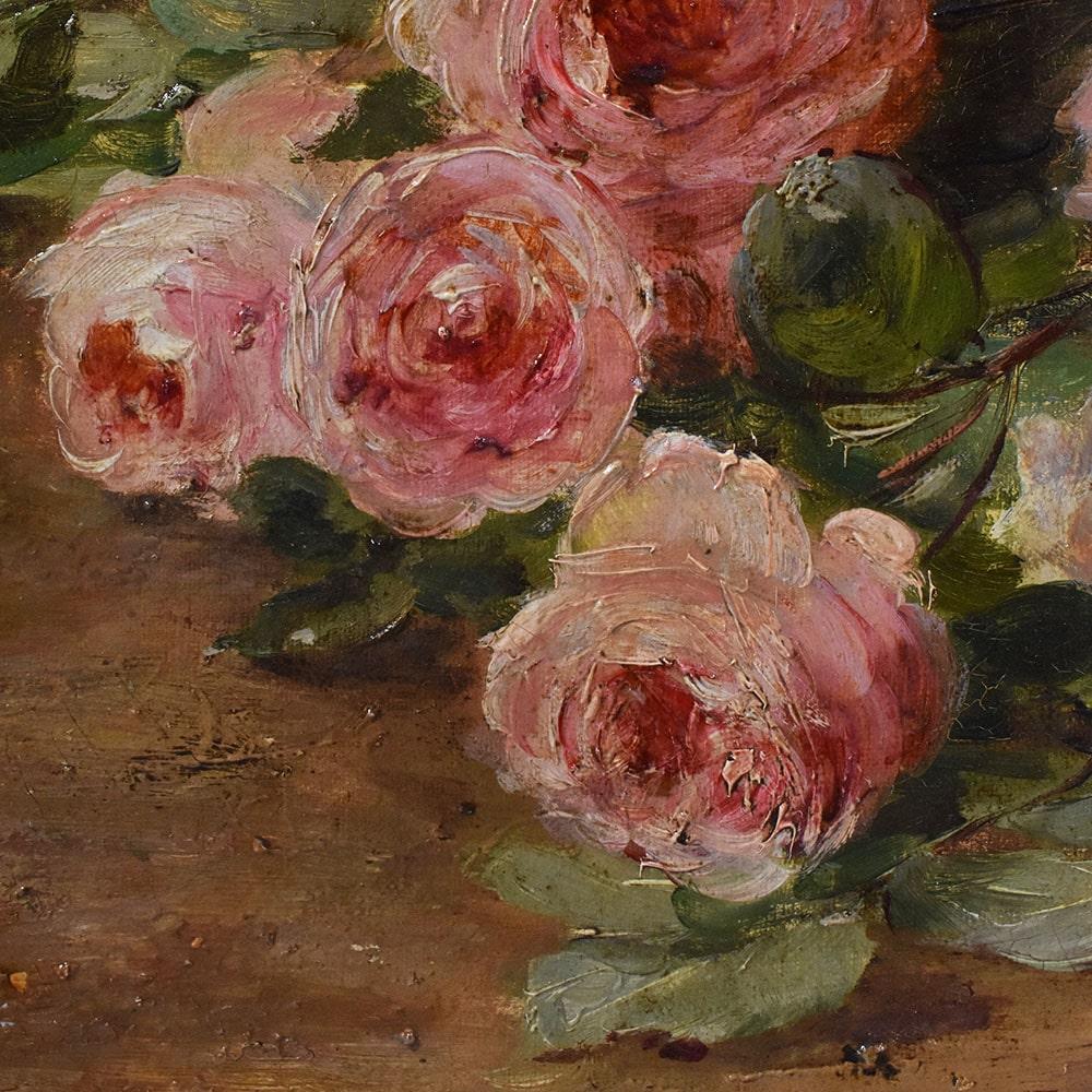 Antica Natura Morta, Fiori Di Rosa, Dipinto Antico, Olio Su Tela, Ottocento. In condizioni buone a Breganze, VI