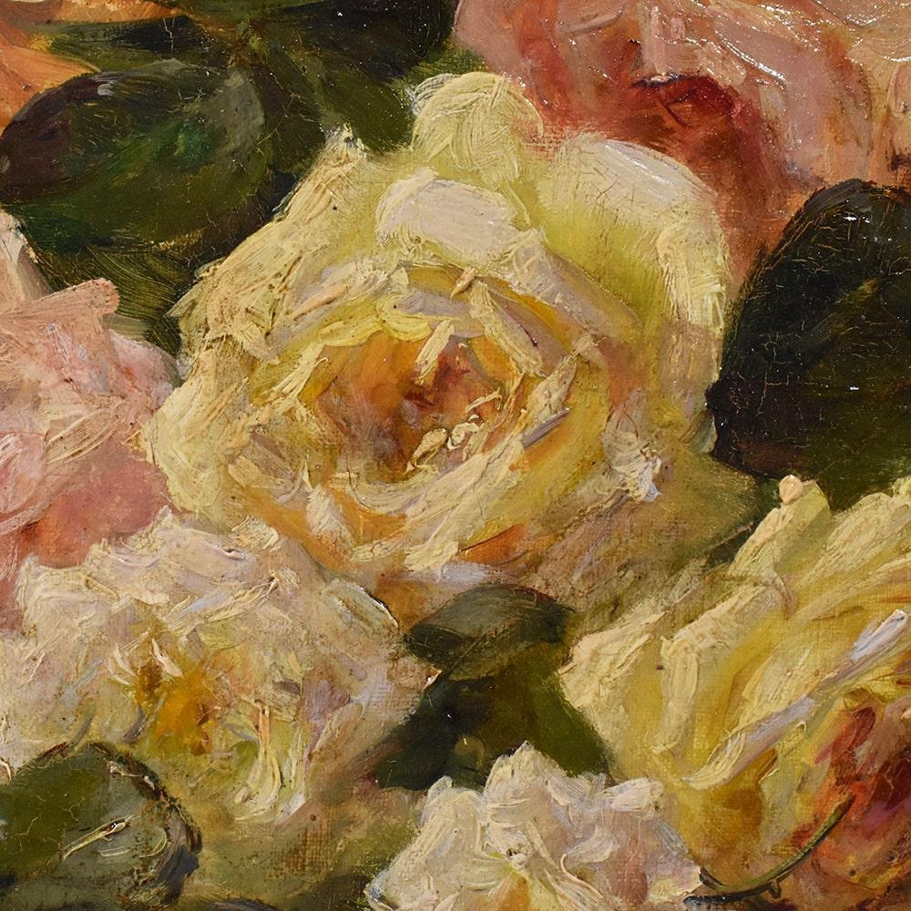 XIX secolo Antica Natura Morta, Fiori Di Rosa, Dipinto Antico, Olio Su Tela, Ottocento.