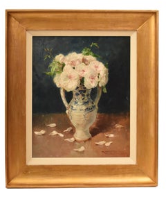 Antique Floral Still Life, White Roses, Oil on Canvas, Art Nouveau