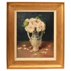 Antique Floral Still Life, White Roses, Oil on Canvas, Art Nouveau