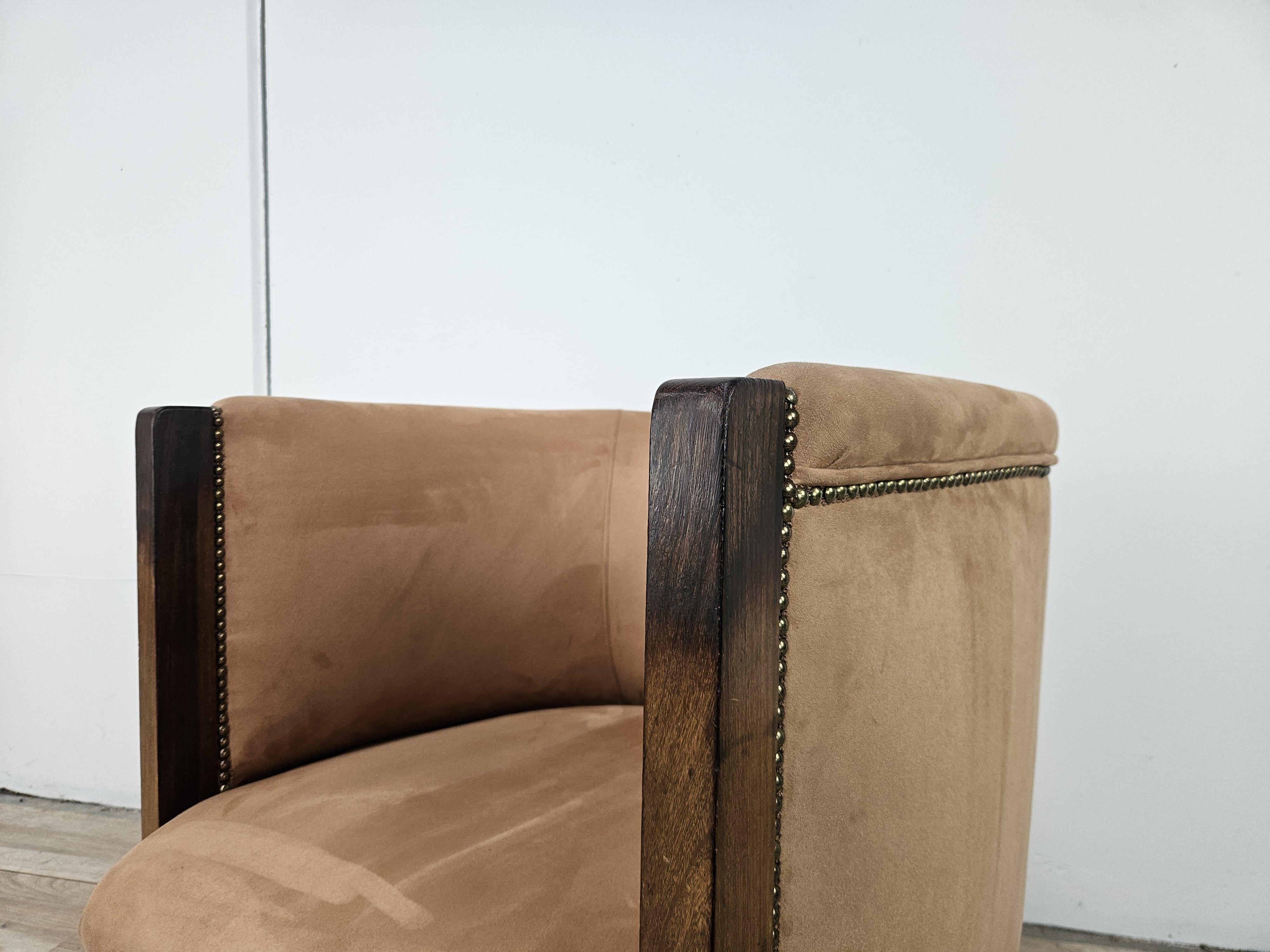 Antica poltrona Art Decò anni '40 in noce e velluto en vente 4