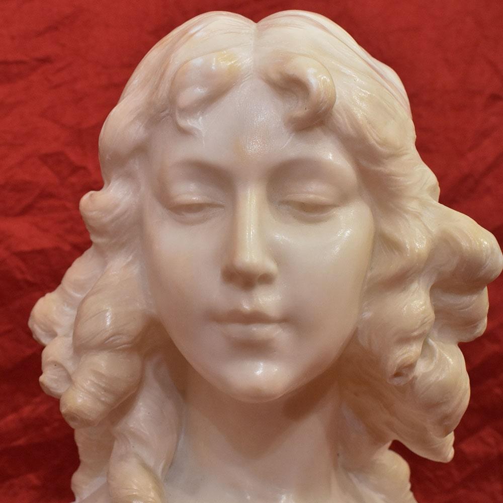 Napoleon III Antique Female Marble Sculpture, Bust Of Young Woman With Curls Late 19th. For Sale