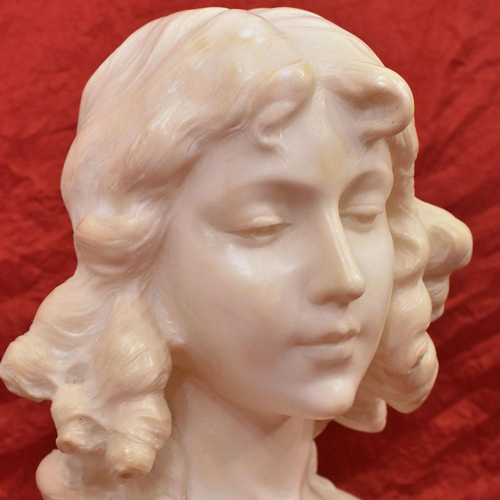French Antique Female Marble Sculpture, Bust Of Young Woman With Curls Late 19th. For Sale