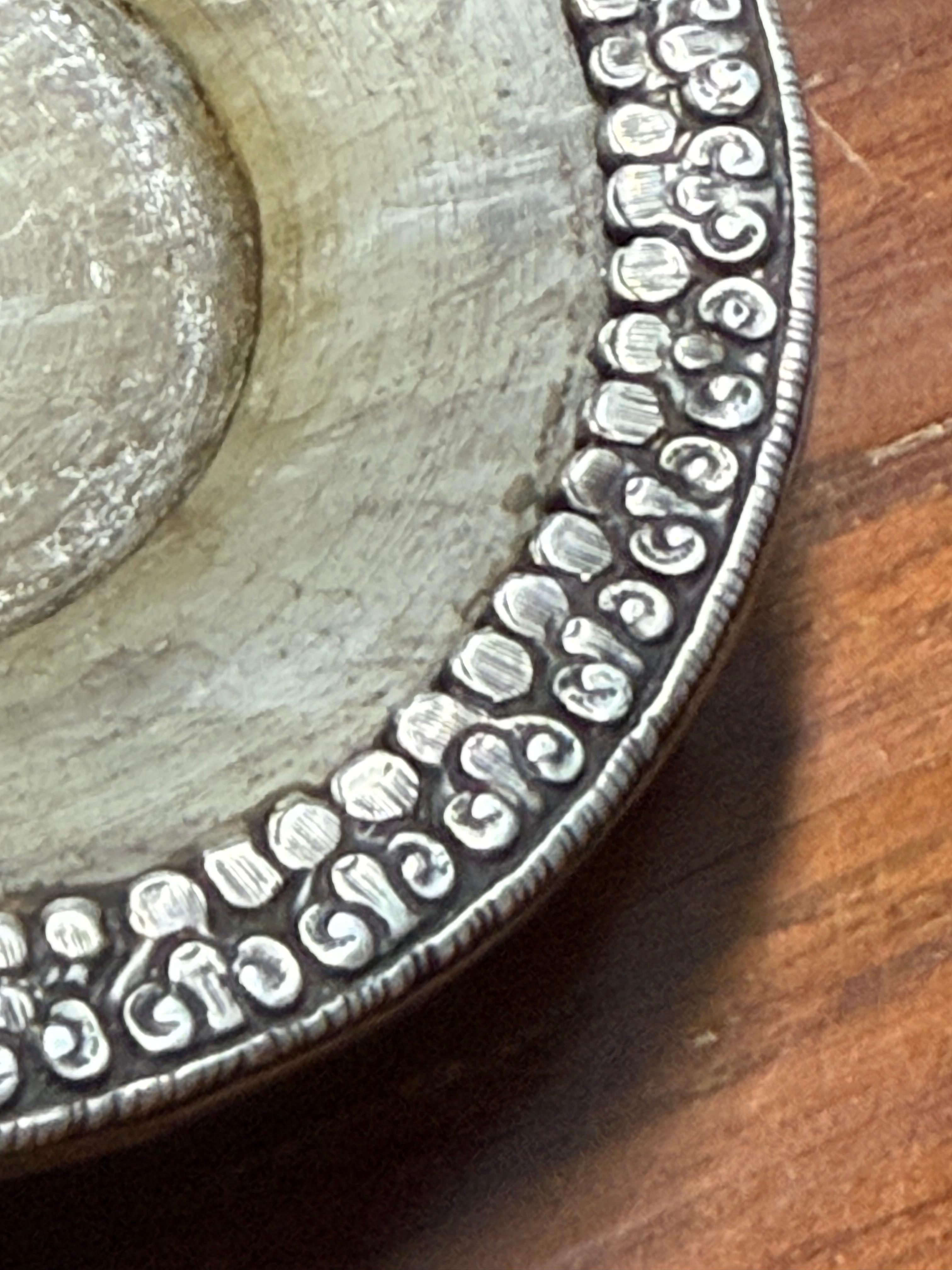 Antique Tibet Po Cha Mug Silver Finely Engraved Jade White Coral For Sale 4