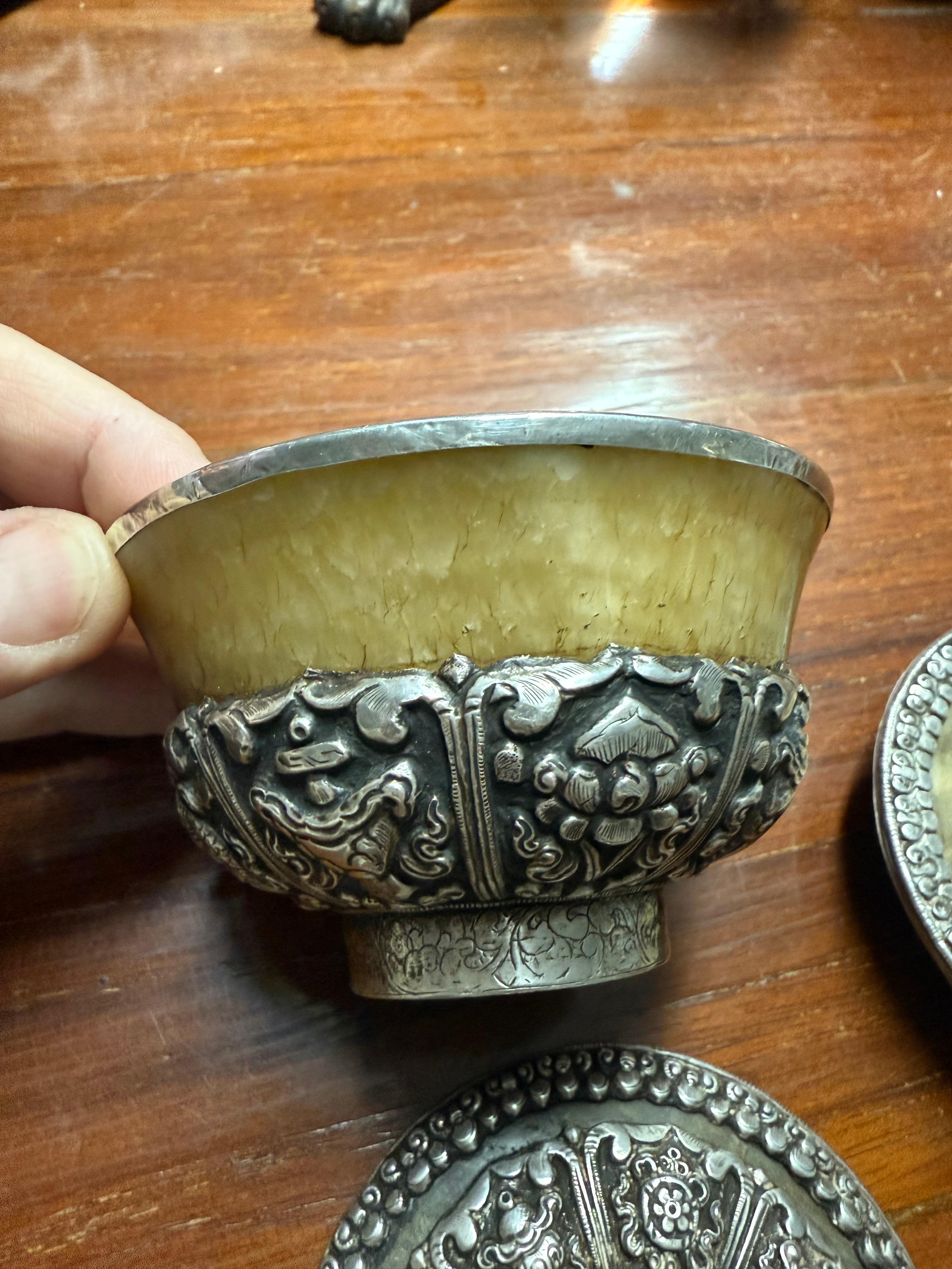 Tibetan Antique Tibet Po Cha Mug Silver Finely Engraved Jade White Coral For Sale