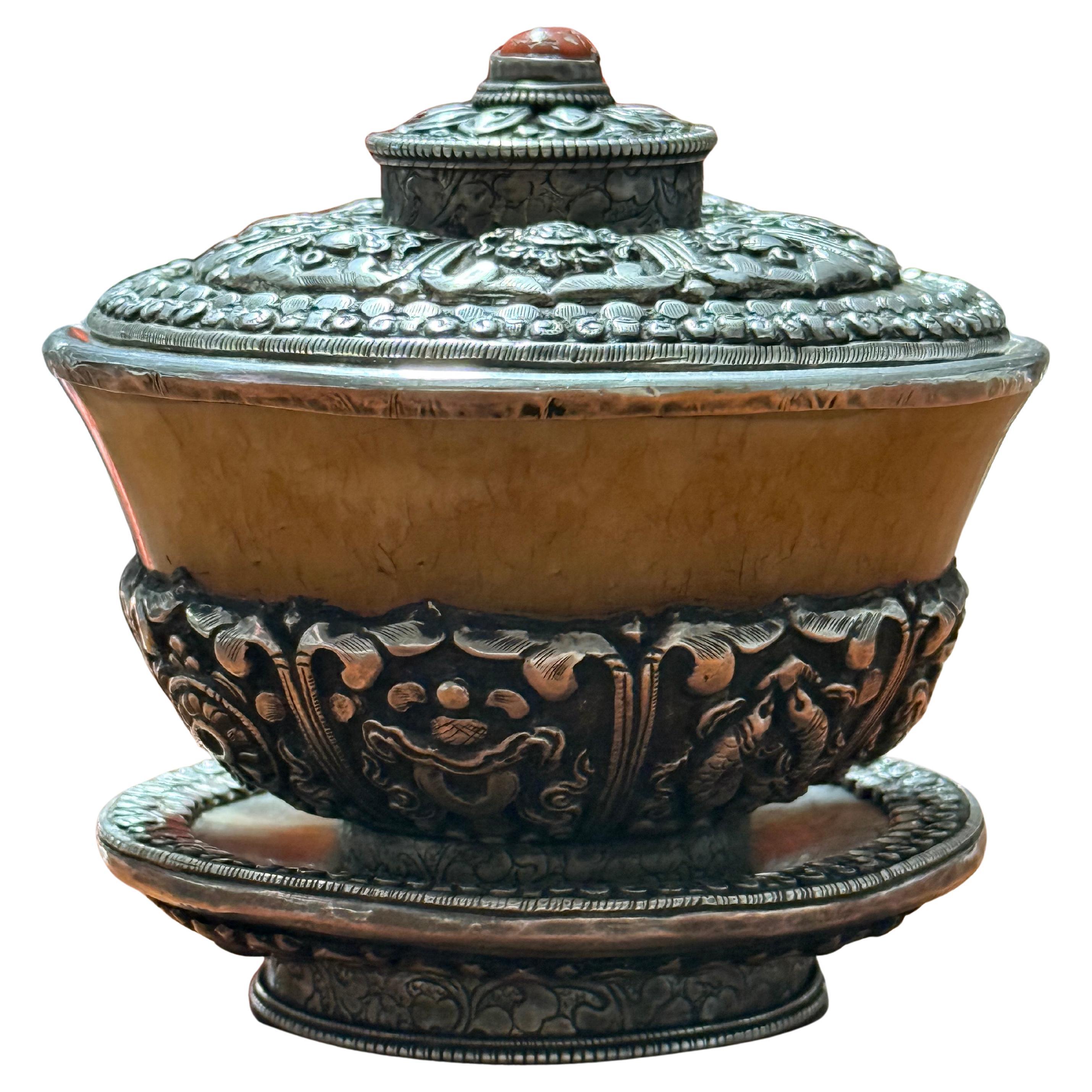 Antique Tibet Po Cha Mug Silver Finely Engraved Jade White Coral For Sale