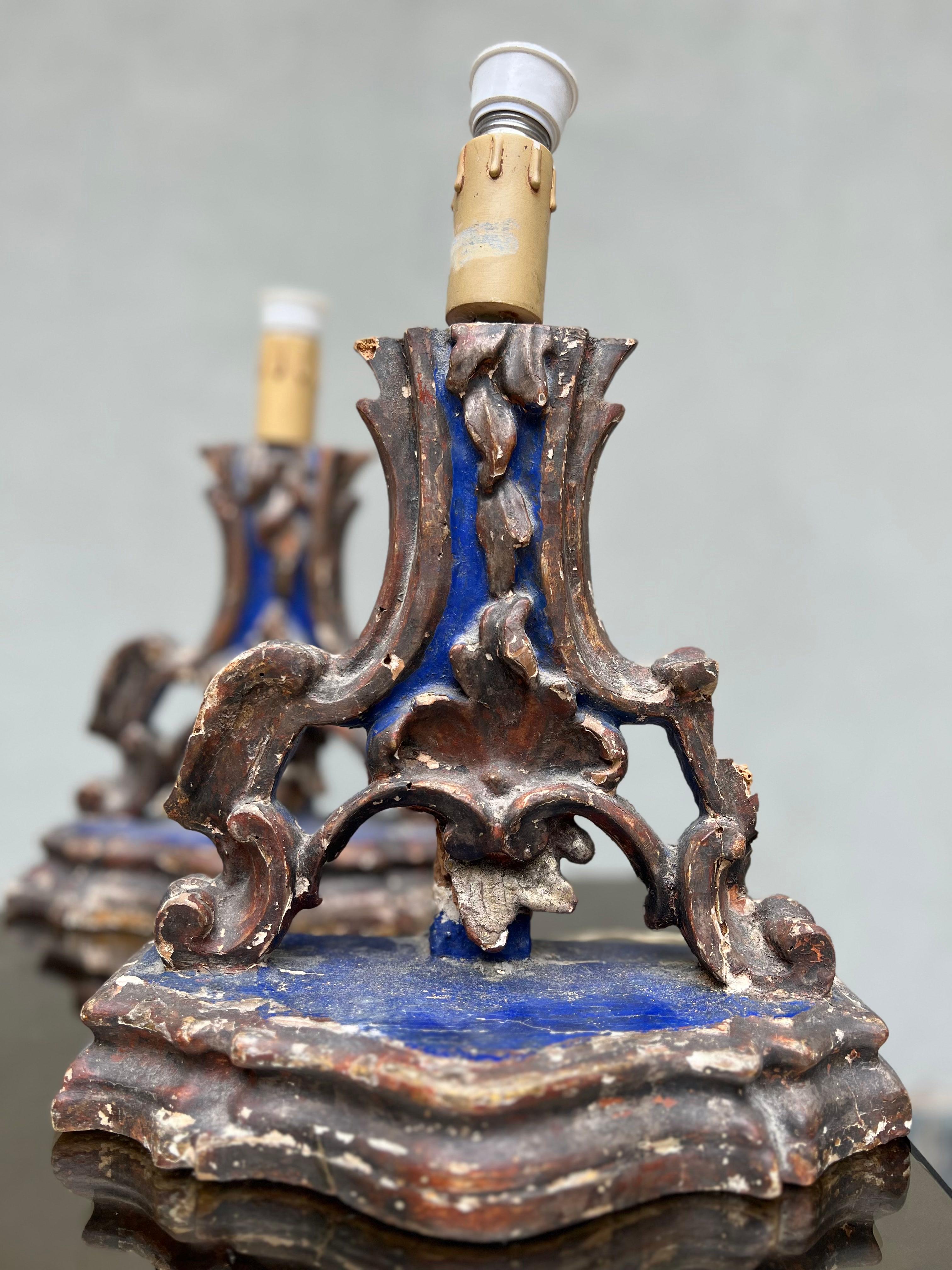 19th Century Antiche Portapalme rielettrificate, a candelieri in legno intagliato, XVIII seco For Sale