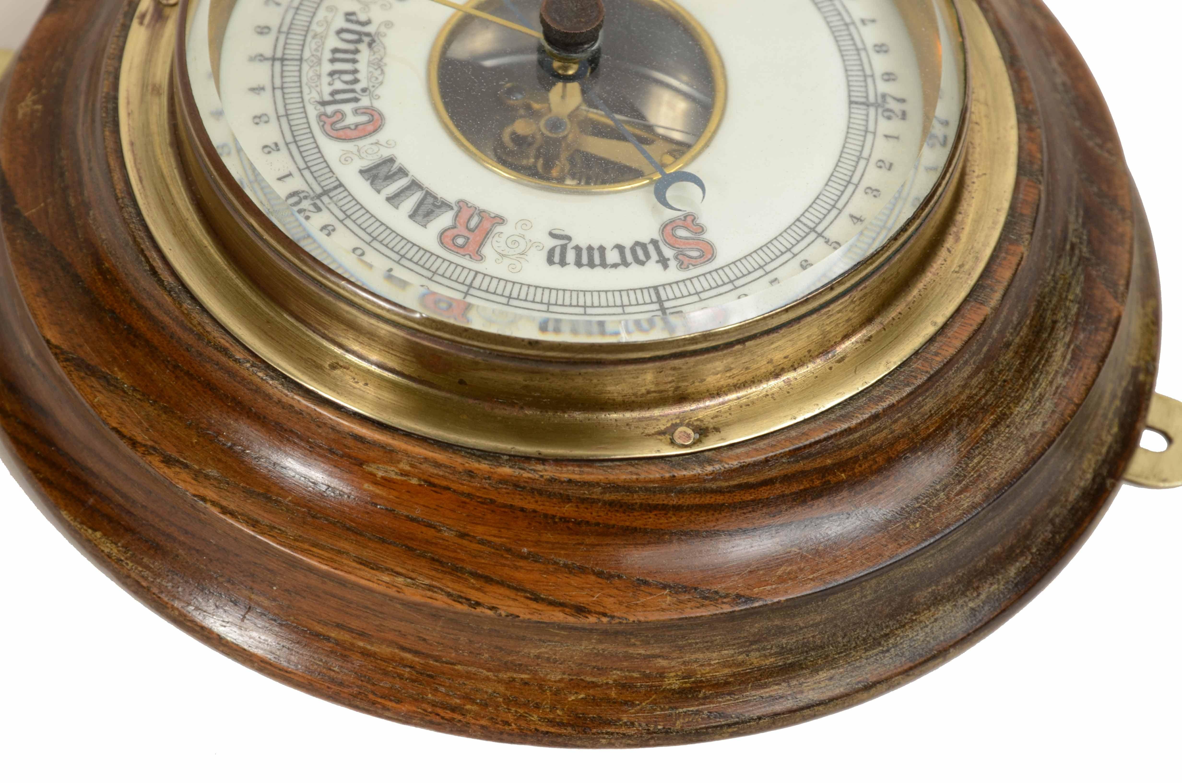 Wood Antique English aneroid barometer from the 1930s made of turned wood and brass   For Sale