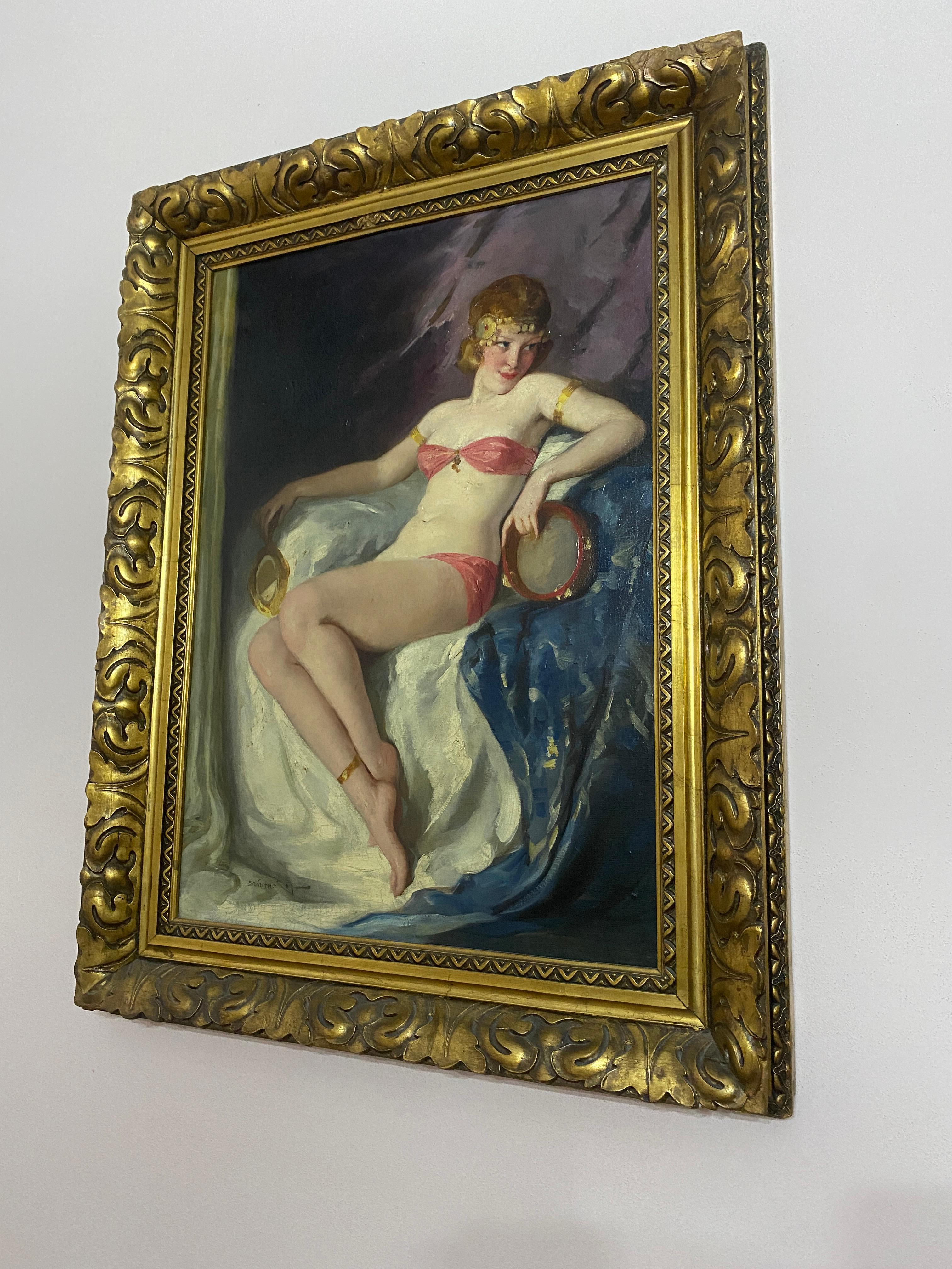 Stupendo dipinto eseguito da Szantho Maria negli anni 40,le sue opere sono realistiche e ricche di dettagli e si ispirano all'edonismo dei nudi di Karoly lotz coniugato alla vivacita' dei colori di Gyula Benczur (il quale a sua volta si rifaceva