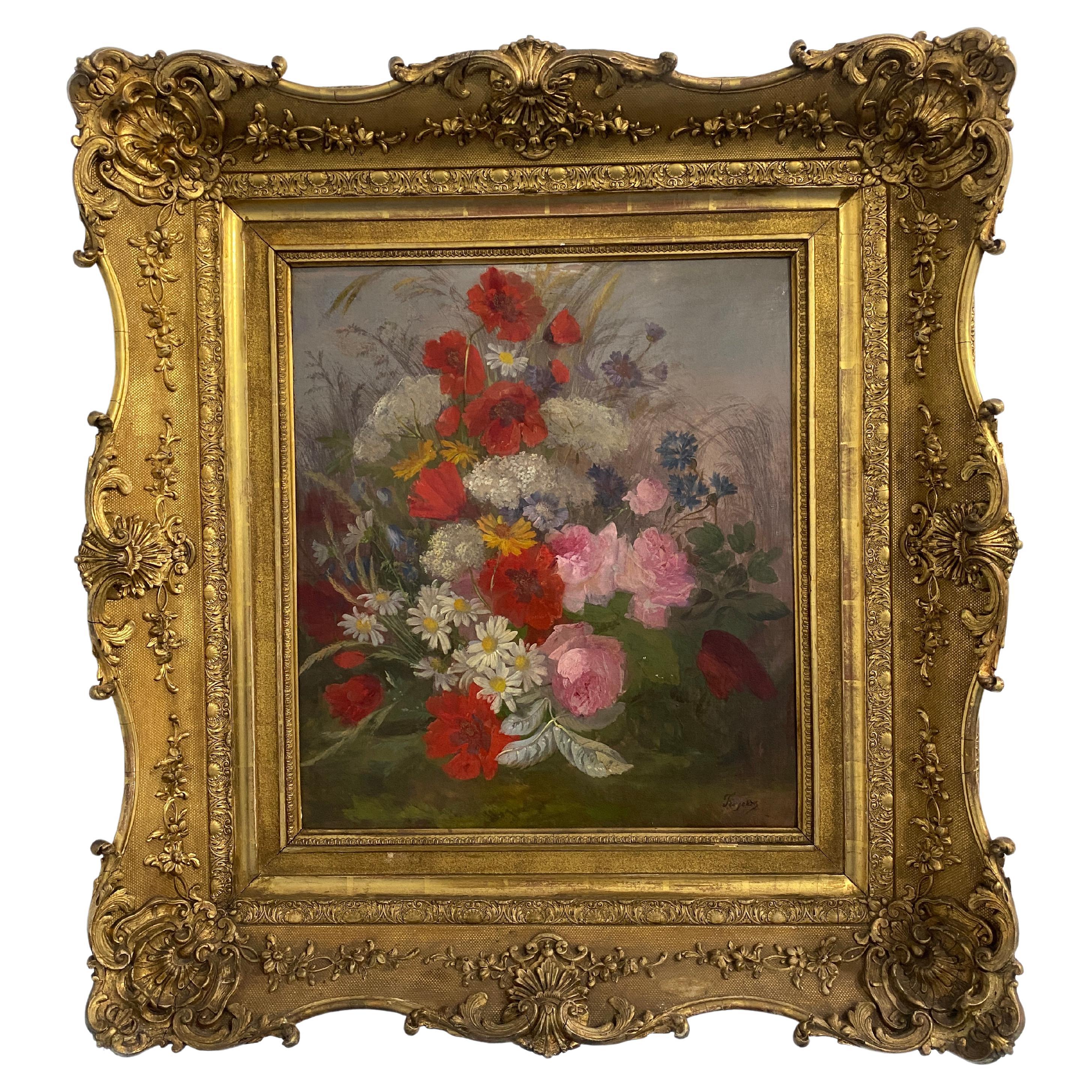 Antique oil painting "Flowers of the Field" signed, Second Half of the 19th century, France